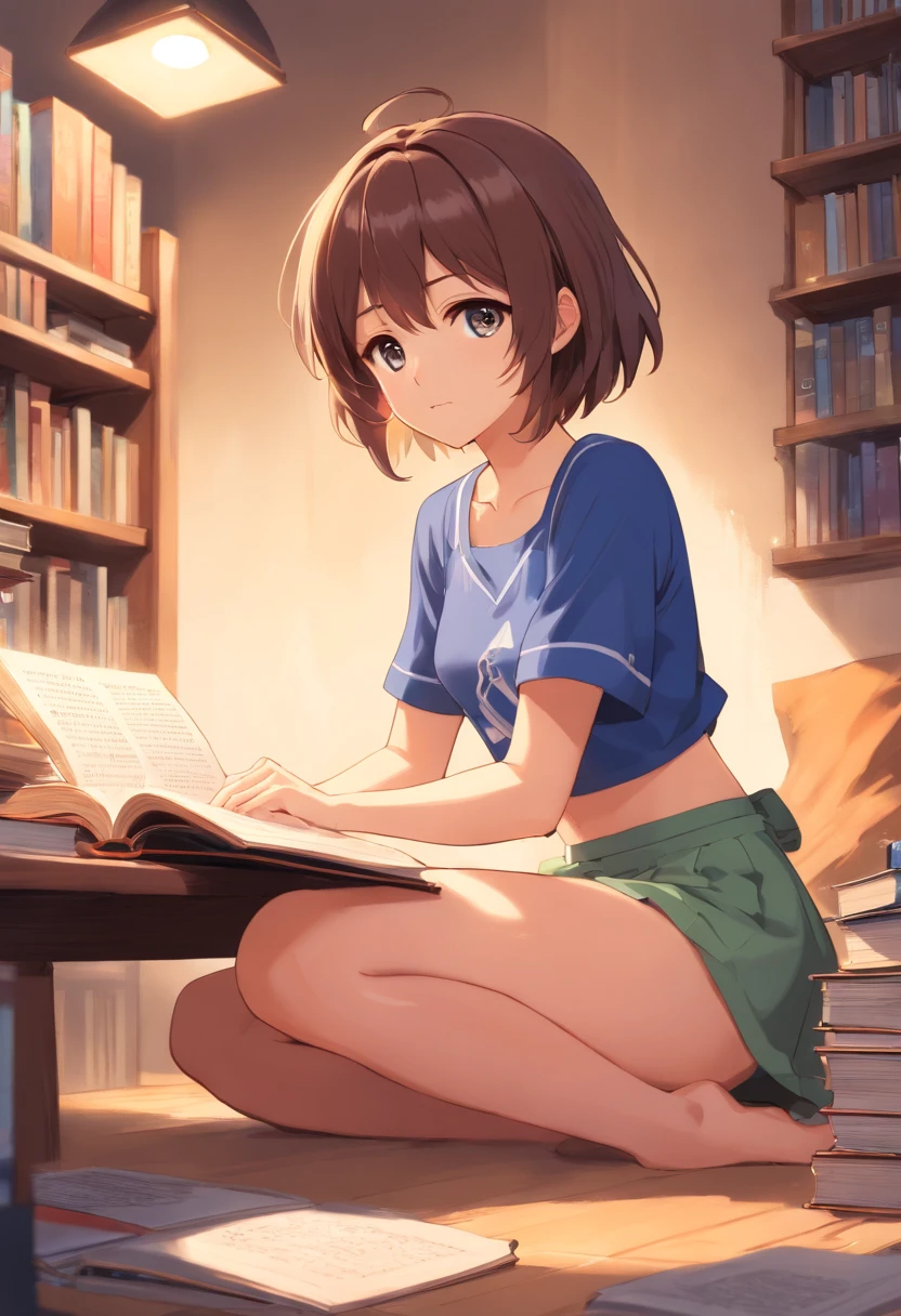Cute femboy,Barefoot,Tummy down,head looking up,Raise your feet,skirt,white panties,largeeyes,Anime cute face,looking at book,Wet da, bare chest