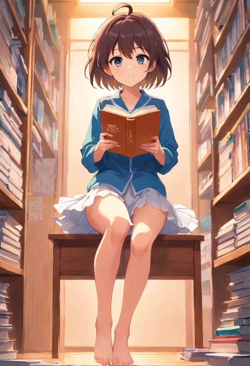 Cute ，Barefoot，Tummy down，head looking up，Raise your feet，shift dresses，white  panties，largeeyes，Anime cute face，looking at book，Wet da