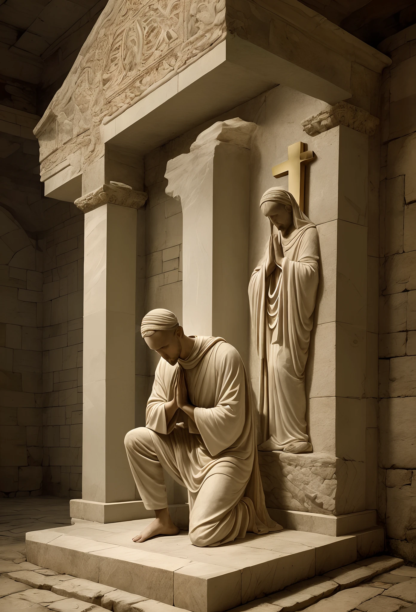 A young and solemn man kneeling with his hands clasped in prayer before a carved white marble Christian cross. The image is captured in high resolution, allowing for every detail to be appreciated. The soft light of the surroundings enhances the nuances of the sculpture, revealing the delicate contours and intricate reliefs of the cross. The background consists of a textured stone wall, adding a sense of solidity and tradition to the scene. The composition is carefully balanced, with the man positioned in the lower third of the image, emphasizing his humility and reverence. The contrast between subtle colors and gentle shadows creates a serene and contemplative atmosphere. This image combines aesthetic beauty with the depth of religious symbolism, capturing the essence of the Christian faith in an artistic and respectful manner.