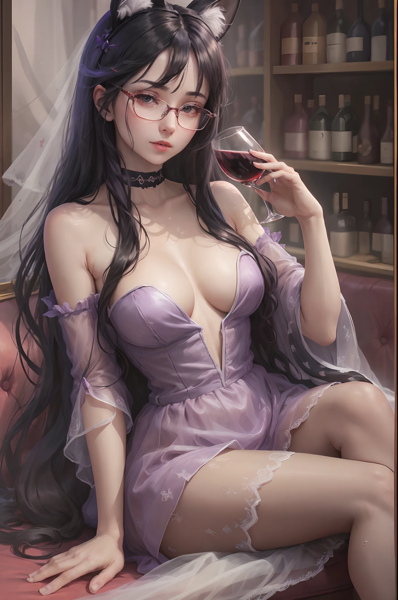 A lady wearing a semi transparent purple (tulle) dress is sitting on the sofa of a nightclub drinking, holding a glass of red wine in her hand. Her delicate face and detailed nightclub background include a bar, a wine cabinet, a dance floor, round tables, seats, guests, (furry white rabbit ears), large_ Breast, very thick and red lips, shy, (black long hair), black eyes, (red framed glasses), bare feet, no shoes, 8K, 32UHD, beautiful detailed eyes, best quality, masterpiece, anime illustration, ultra detailed --auto --s2