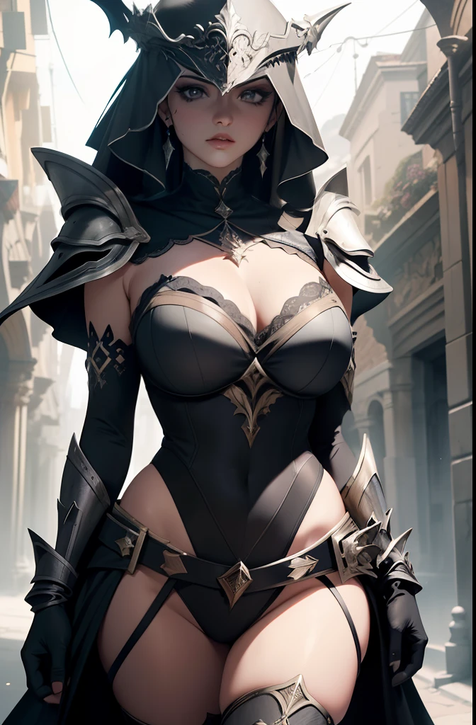 (absurdos, detalhes intrincados, master part, best quality, high resolution, 8k), garota jovem, 20 anos, paladina, guerreira real, cabelos pretos, serious look, olhos perfeitos, Rosto perfeito, bonita, usando um traje preto e uma leve armadura, armadura real, realeza, pose imponente, Standing character, can dynamic, Full character view