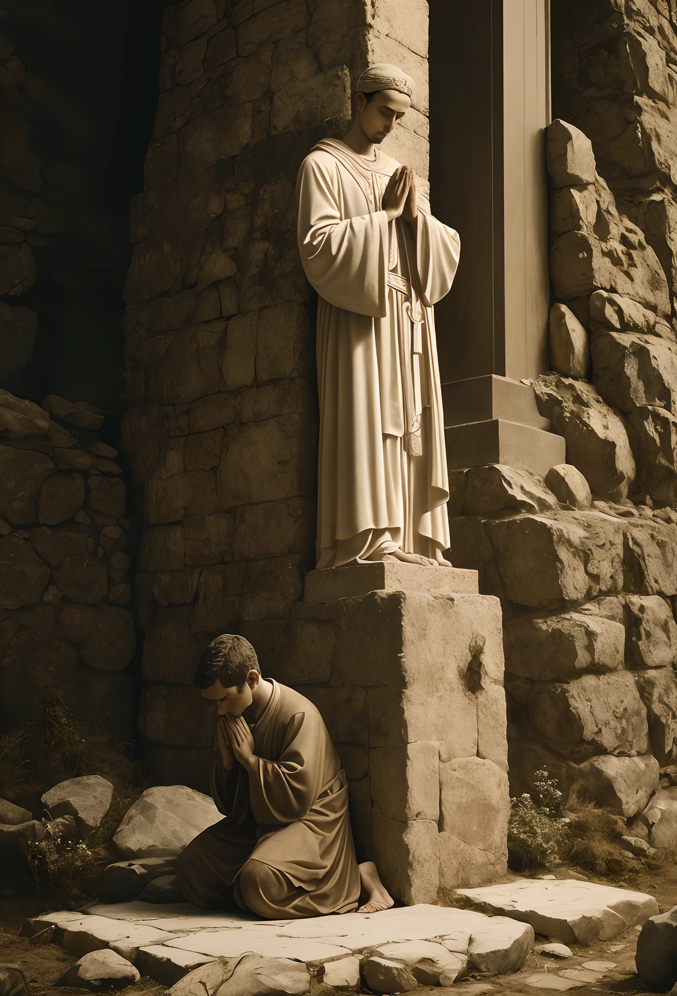 Man kneeling in front of Santa Muerte 
