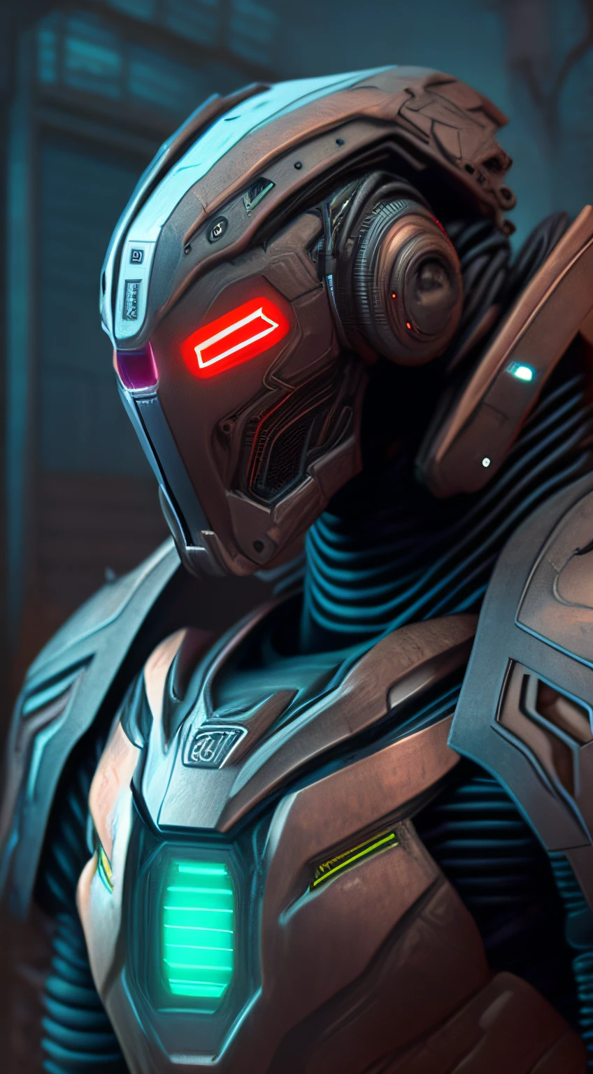 Without helmet、Doom Slayer Goid Robot「Great Dane」Close-up of realistically drawn sci-fi cyberpunk power armor、Without helmet