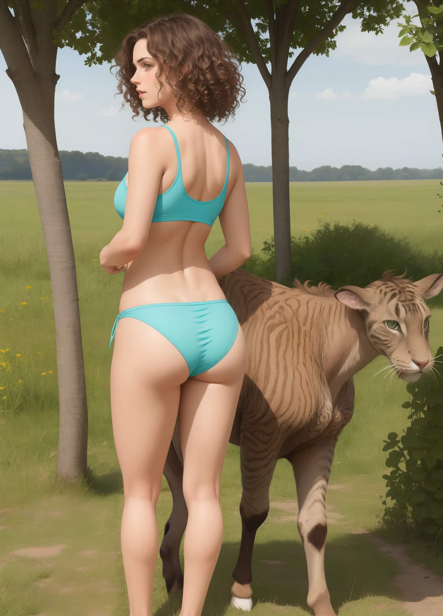 Brunette in short clothes with curly hair tabby turned backwards only showing from under the torso to the end of the calf