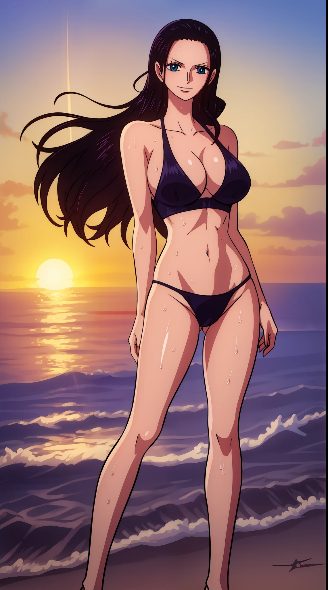 Nico Robin from one piece, black long hair, blue eyes, dark wide pupils, blushing, big breasts, side boobs, wearing thong bikini, standing in the beach, dynamic pose, joyful expression, sunrise, shiny skin, wet body,