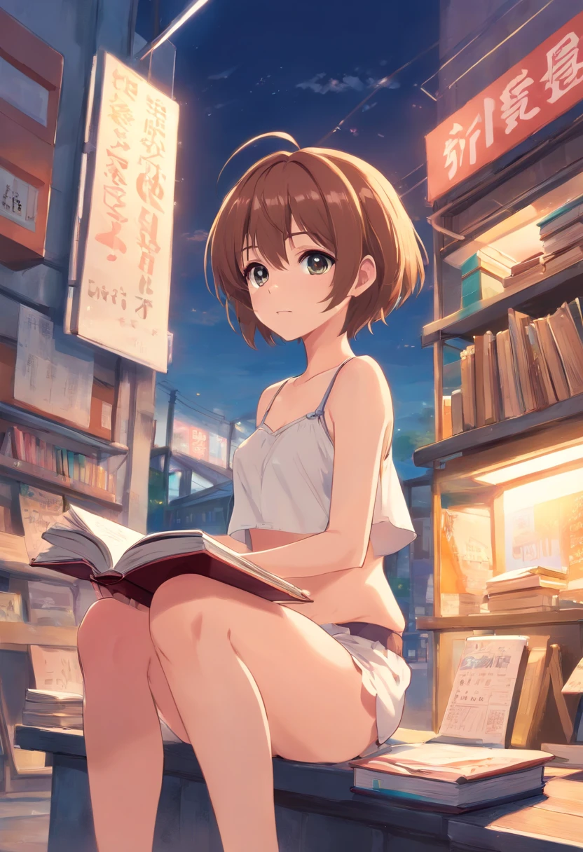Cute femboy, Barefoot，Tummy down，head looking up，Raise your feet，skirt，white  panties，largeeyes，Anime cute face，looking at book，Wet da, no shirt, bare chest, flat chest, buldge in panties