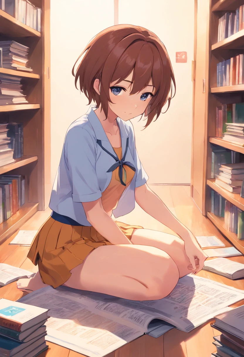 Cute femboy, Barefoot，Tummy down，head looking up，Raise your feet，skirt，white  panties，largeeyes，Anime cute face，looking at book，Wet da, no shirt, bare chest, flat chest, buldge in panties