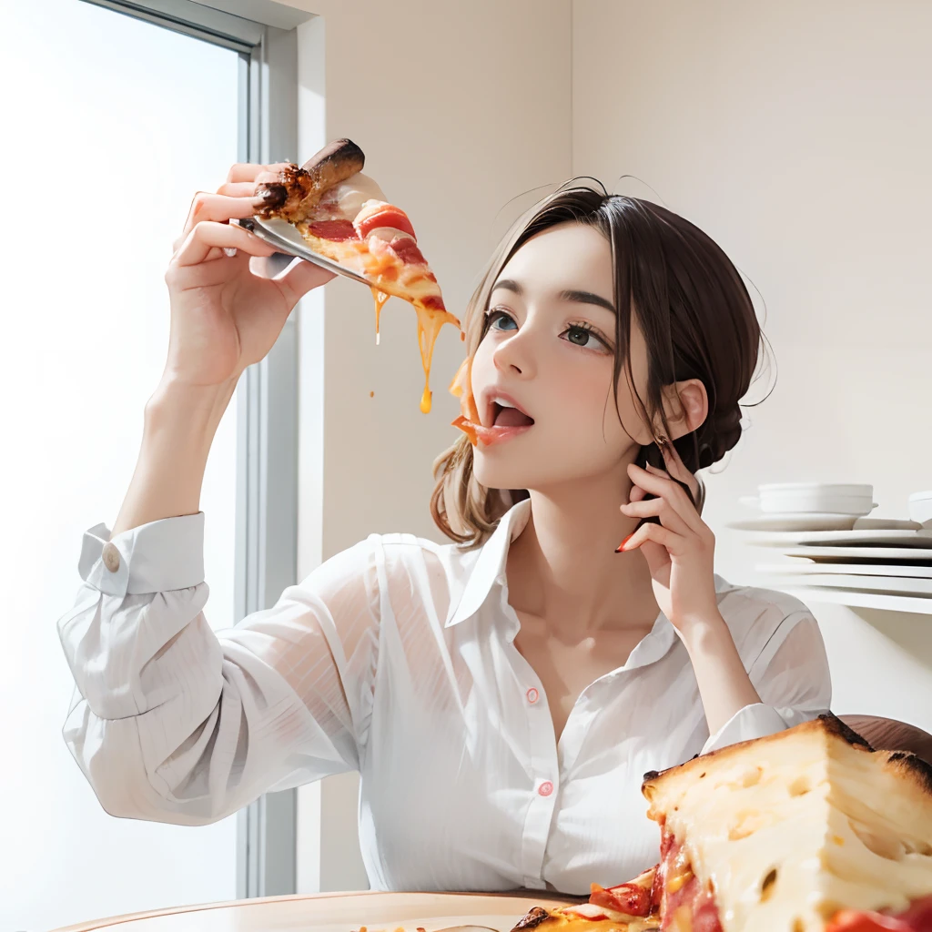 Masterpiece, Best quality, 2girl eat a pizza, feed each other, Cheese stretching from her mouth., margarita, 🍕, Cheese Stretch, a slice of pizza, one hand grabbing, coca-cola on table,