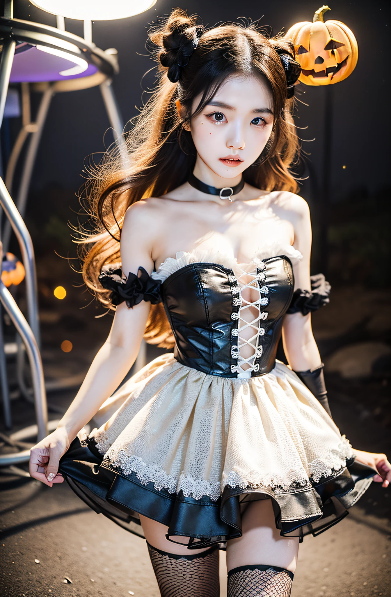 Morning Musume no Eri, Dressed in seductive Halloween costumes, Stand near unforgettable beauty, Abandoned merry-go-round. Background reveals ghostly silhouette, Add a spooky atmosphere. The scene is set at night, Moonlight gives Eli a soft glow, Highlight the intricate details of her beauty and outfit. Medium: Photography, Style: Ultra-realistic with a touch of gothic horror, Lighting: The surface of the moon illuminated by soft shadows, Colors: Dark, Soothing tones with pops of bright colors from Eli's outfit, Composition: captured with a Canon EOS 5D Mark IV DSLR camera, EF 50mm f/1.8 STM lens, Resolution 30.4 megapixels, ISO sensit: 32,000, Shutter speed 8000 second. --ar 16:9 - V5.1 --Style raw --Q 2 --S 750