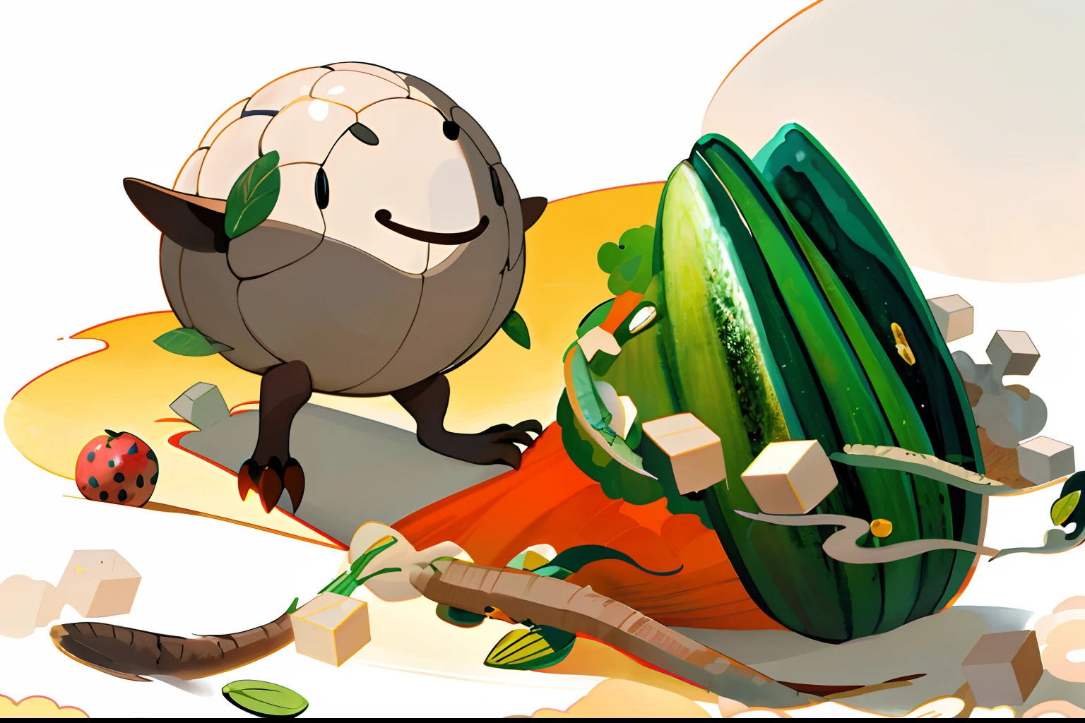 There is a melon seed,Inside there are sand ginseng and some poria, Commercial illustration, Amazing food illustration, A illustration, illustration, Digital illustration, 🦩🪐🐞👩🏻🦳, depiction, promotional render, Illustrations, editorialillustrations, photorender, Inspired by Jolis van der Hagen, trend on behance illustration, promo art, phone background