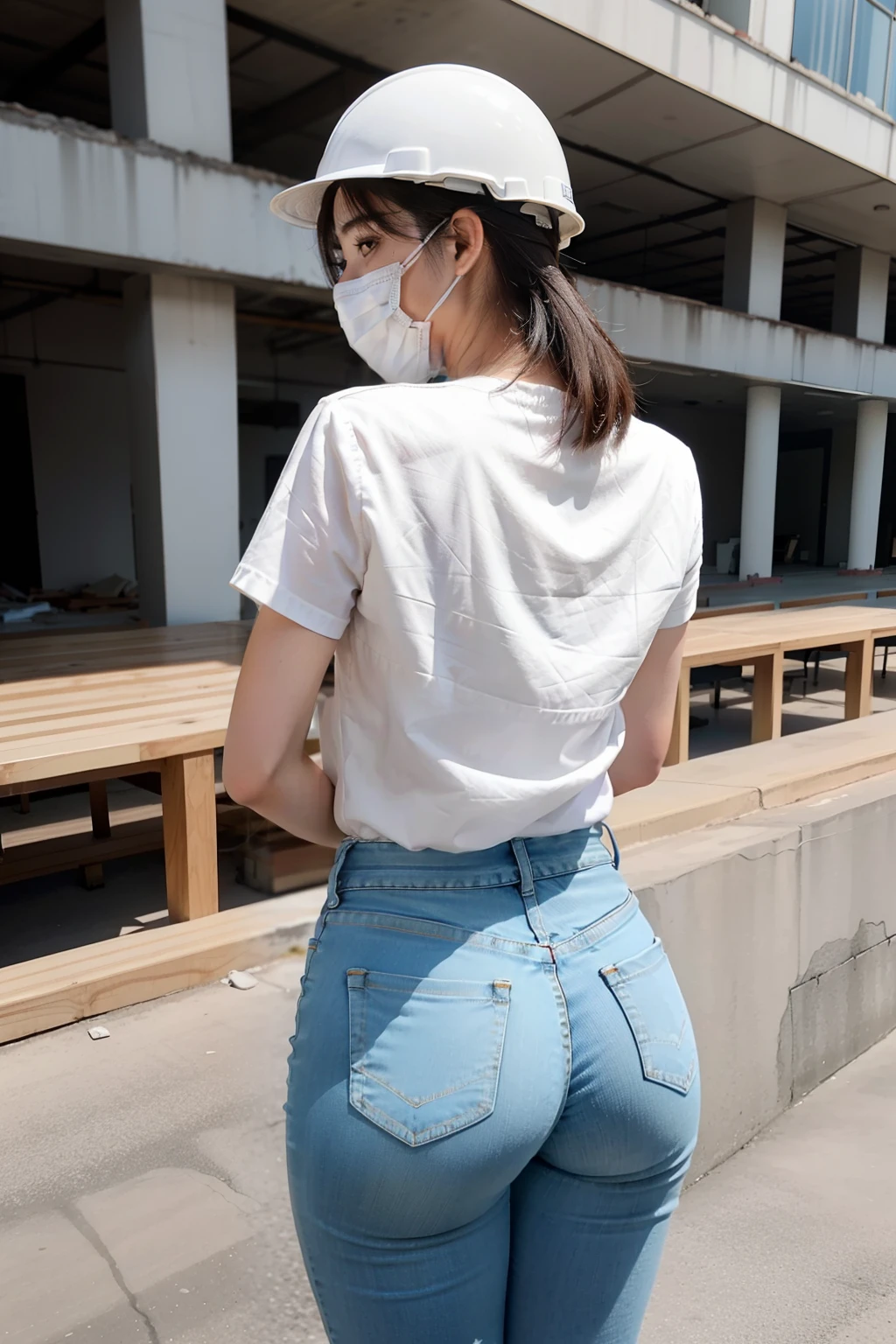 Wear skinny jeans，White color blouse，Plump buttocks，The back is charming，wearing face mask，hardhat，fully body photo，Renovation site in the office