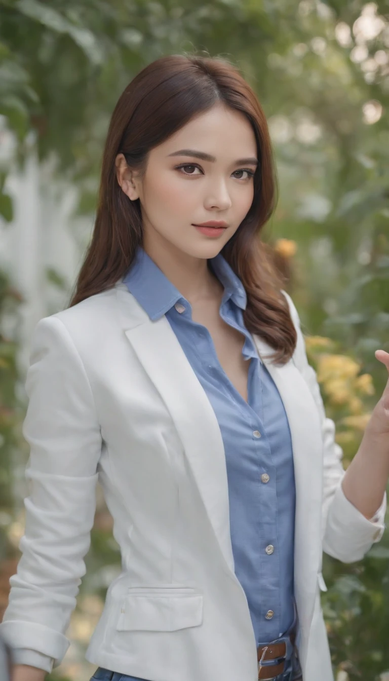 Project background shoot, Garden construction, well drilling construction work on the garden, 2 people, a gu and a girl, the guy is a construction worker (handsome construction guy, Indonesian male model, wearing construction vest, wearing yellow construction helmet) is talking with the girl -the customer-, a beautiful indonesian girl (beautiful girl, 25 years old girl, Indonesian female model, white skin, delicate eyes, blue shirt, white blazer, blue jeans long pants), eyes on each other, not looking the camera, full body photo shoot, realistic hands, realistic fingers, no extra hands, no extra fingers