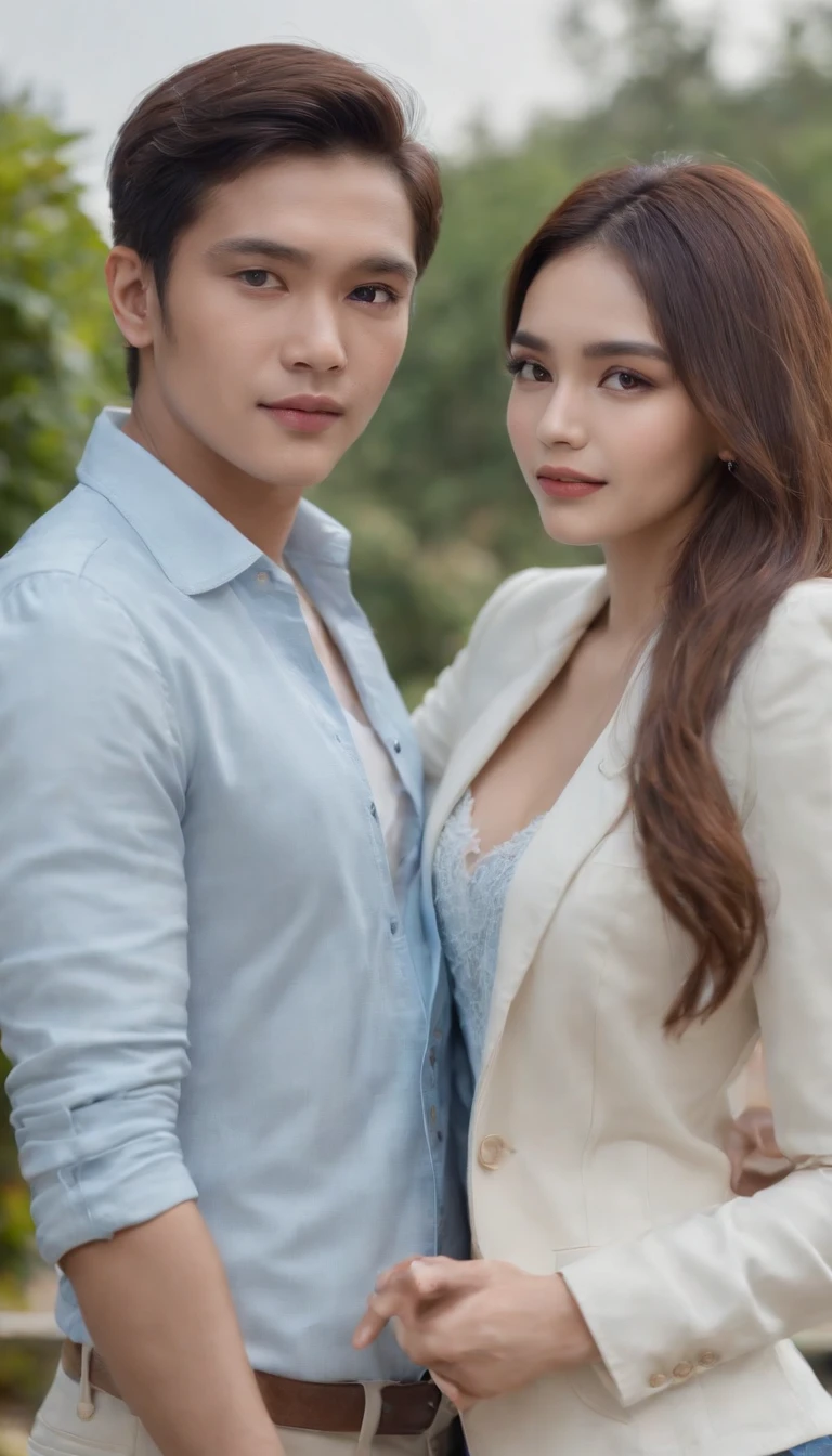 Project background shoot, Garden construction, well drilling construction work on the garden, 2 people, a gu and a girl, the guy is a construction worker (handsome construction guy, Indonesian male model, wearing construction vest, wearing yellow construction helmet) is talking with the girl -the customer-, a beautiful indonesian girl (beautiful girl, 25 years old girl, Indonesian female model, white skin, delicate eyes, blue shirt, white blazer, blue jeans long pants), eyes on each other, not looking the camera, full body photo shoot, realistic hands, realistic fingers, no extra hands, no extra fingers