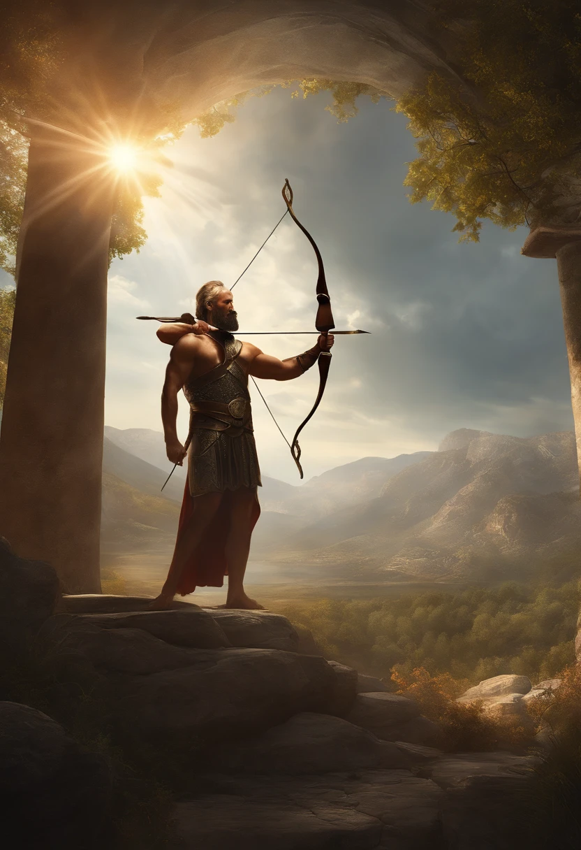there is a man holding a bow and a bow in the air, greek myth digital painting, epic scene of zeus, by Hristofor Žefarović, epic digital art illustration, by Max Dauthendey, by Kristian Kreković, by Grzegorz Rutkowski, by Ludwik Konarzewski