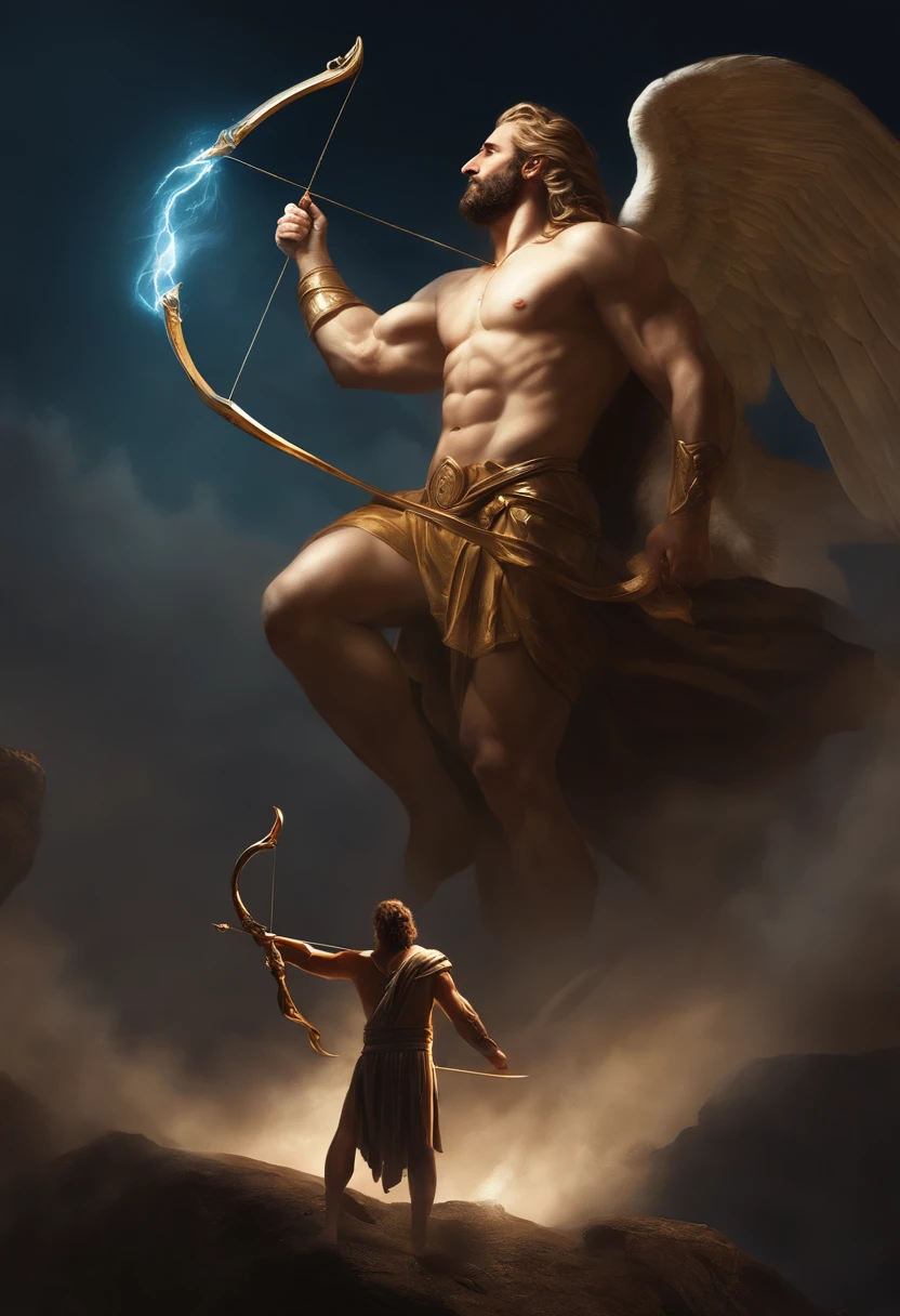 there is a man holding a bow and a bow in the air, greek myth digital painting, epic scene of zeus, by Hristofor Žefarović, epic digital art illustration, by Max Dauthendey, by Kristian Kreković, by Grzegorz Rutkowski, by Ludwik Konarzewski