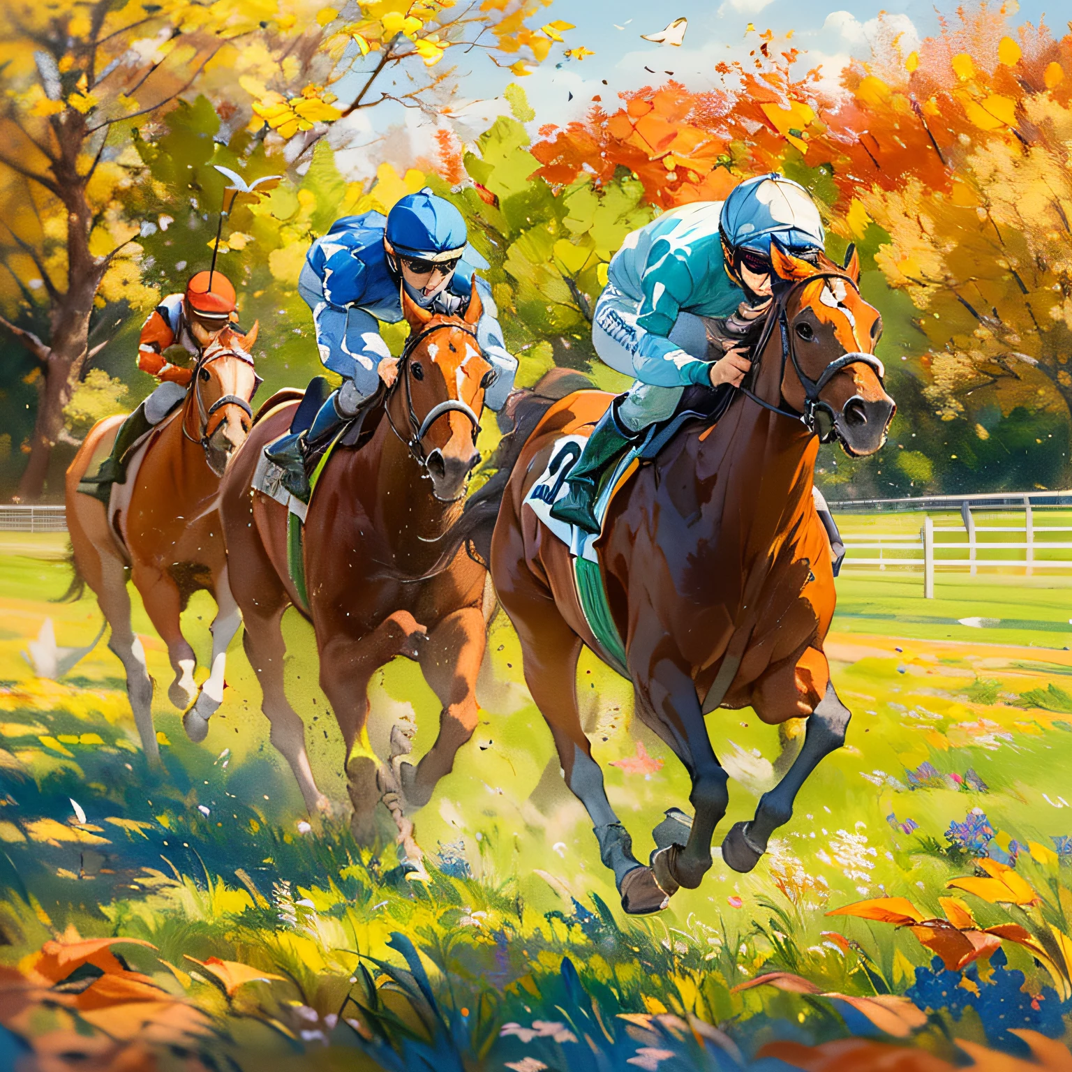 Feeling of sprinting,lawn,Fluttering in the wind,Sense of speed,blue-sky,Autumn sunny,hight resolution,painterly,Background art,an oil painting,Landscape painting,drawing,racecourse,landscapes,We don't need people,Landscape only