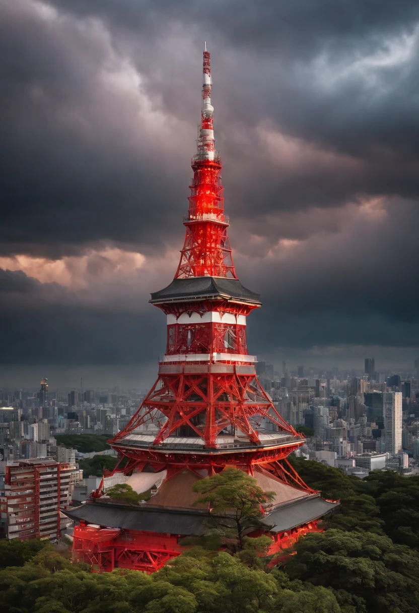 Red Dragon, Tokyo Tower、Dramatic skies, Cinematic light