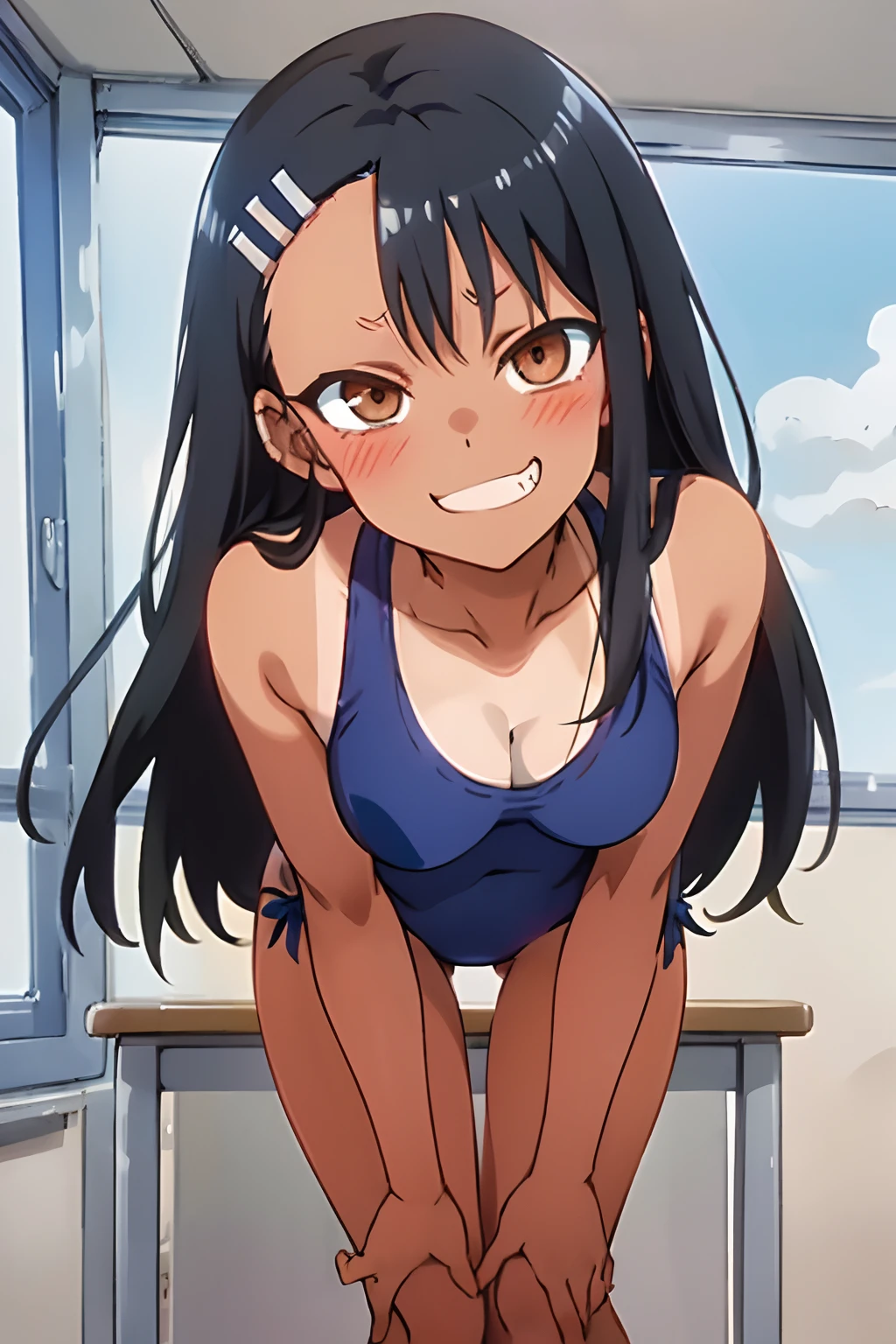 1girl, solo,sitting, small breast, masterpiece, professional artwork, famous artwork, perfect face,nagatoro hayase, brown eyes, hairclip, black hair, cowboy shot, black hair, beautiful face, intense look, ((perfect female body, narrow waist)), background classroom,((tan lines)), looking at viewer, (((blue swimsuit))), standing, close up, ((leaning forward)), cleavage, evil grin, downblouse