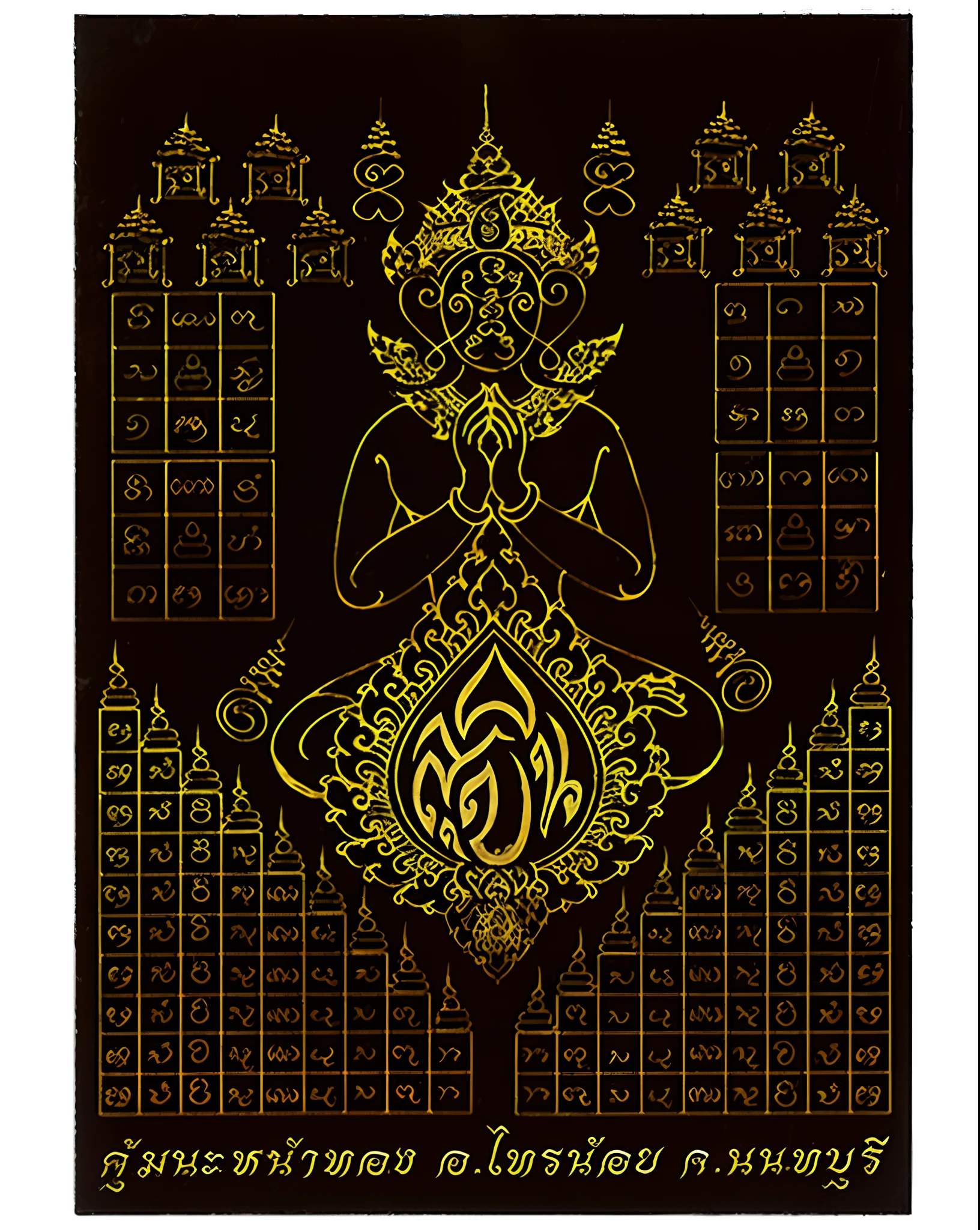 Image of Araved of a woman in a golden dress sitting in the lotus position, thailand art, samsara, bangkok, Thai, full - view, black light velvet poster, Aum Sect, thailand, Buddha, Yantra, samadhi, a Buddhist Buddha, golden sacred tree, buddhist art, bodhisattva, Buddhist