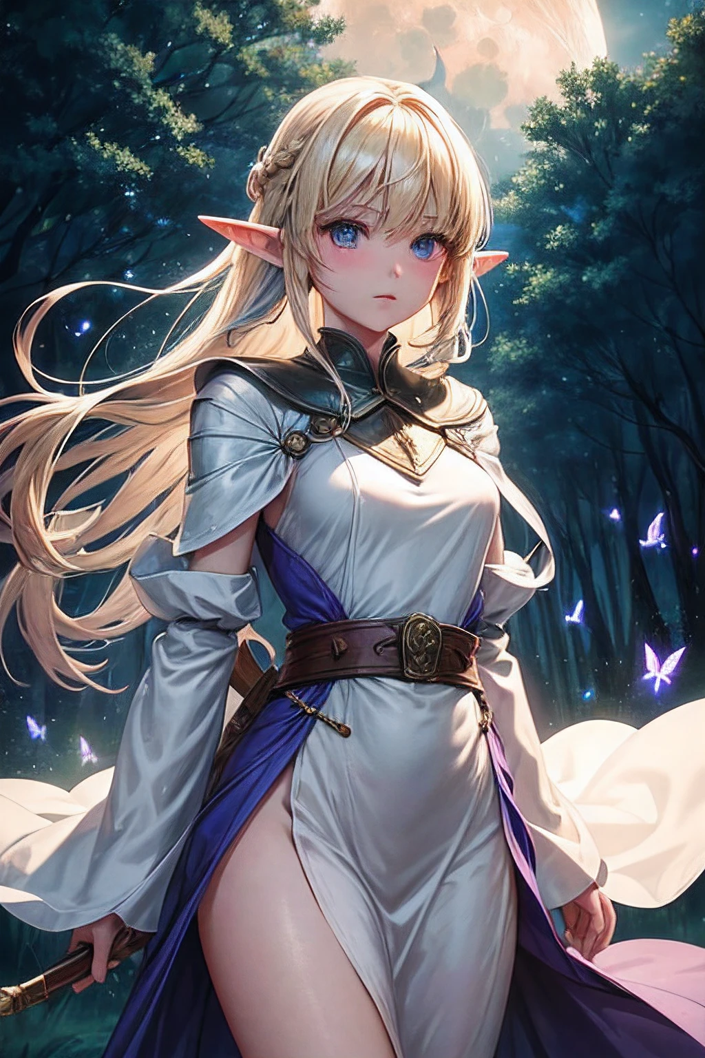 1girl、Cowboy shot of a beautiful elf mage、thin skin、blonde hair blown in the wind、long pointy ears、Simple armored dress、Shortbow in hand、corolla、glowing butterflies、the woods、ruins、a moon、Stereoscopic lighting、top-quality、​masterpiece、verd s eyes、radiant eyes、ultra-definition