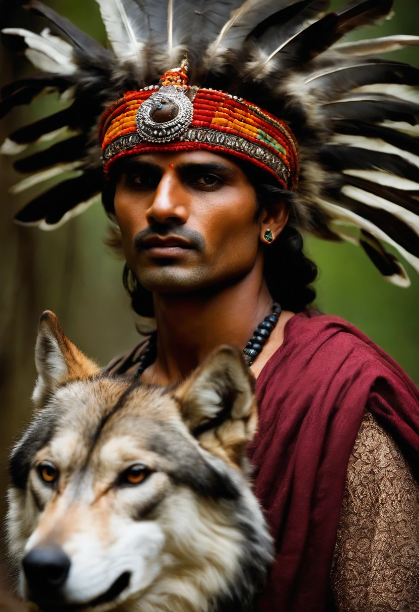 an Indian with wolf's skin on his head