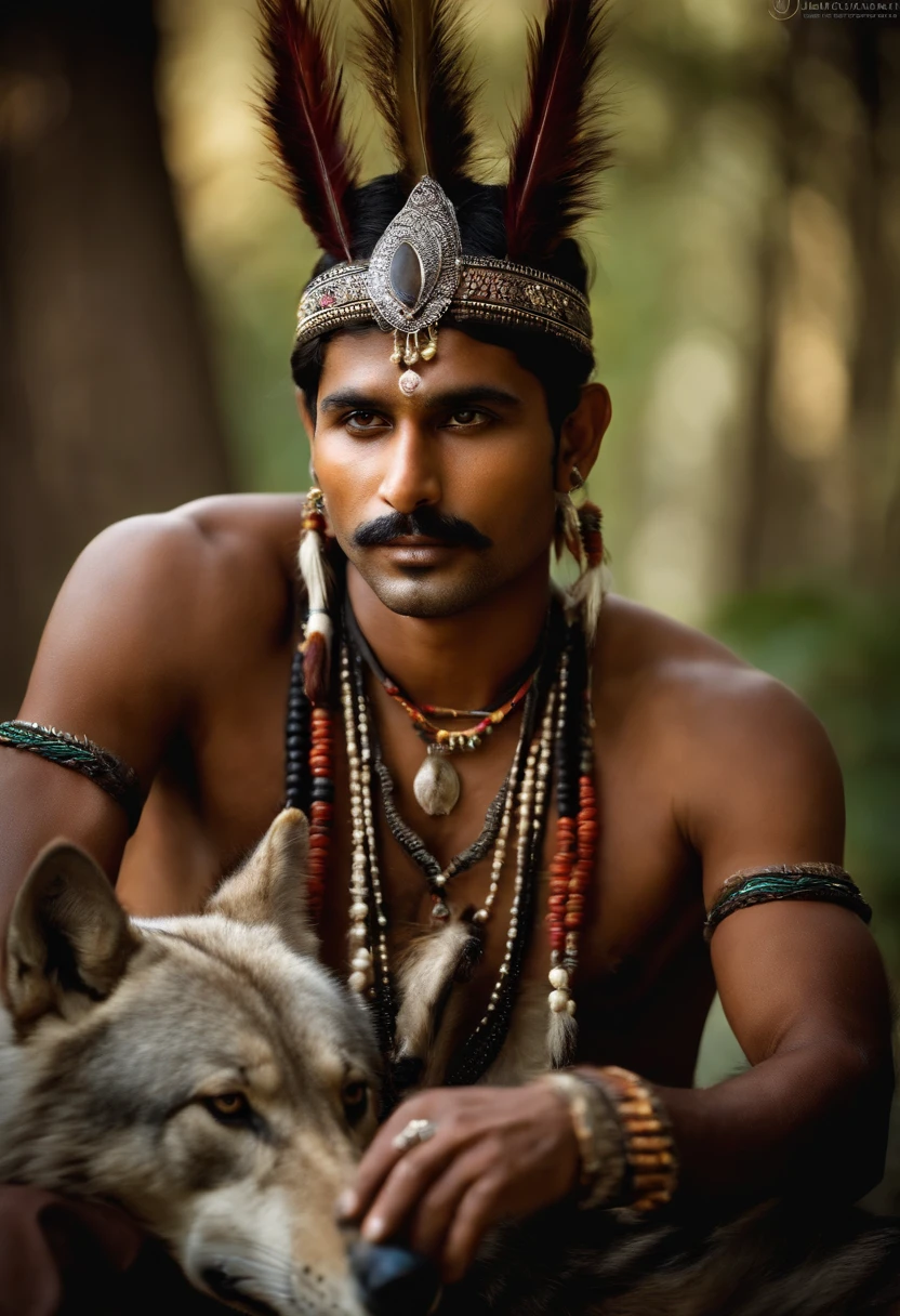 an Indian with wolf's skin on his head