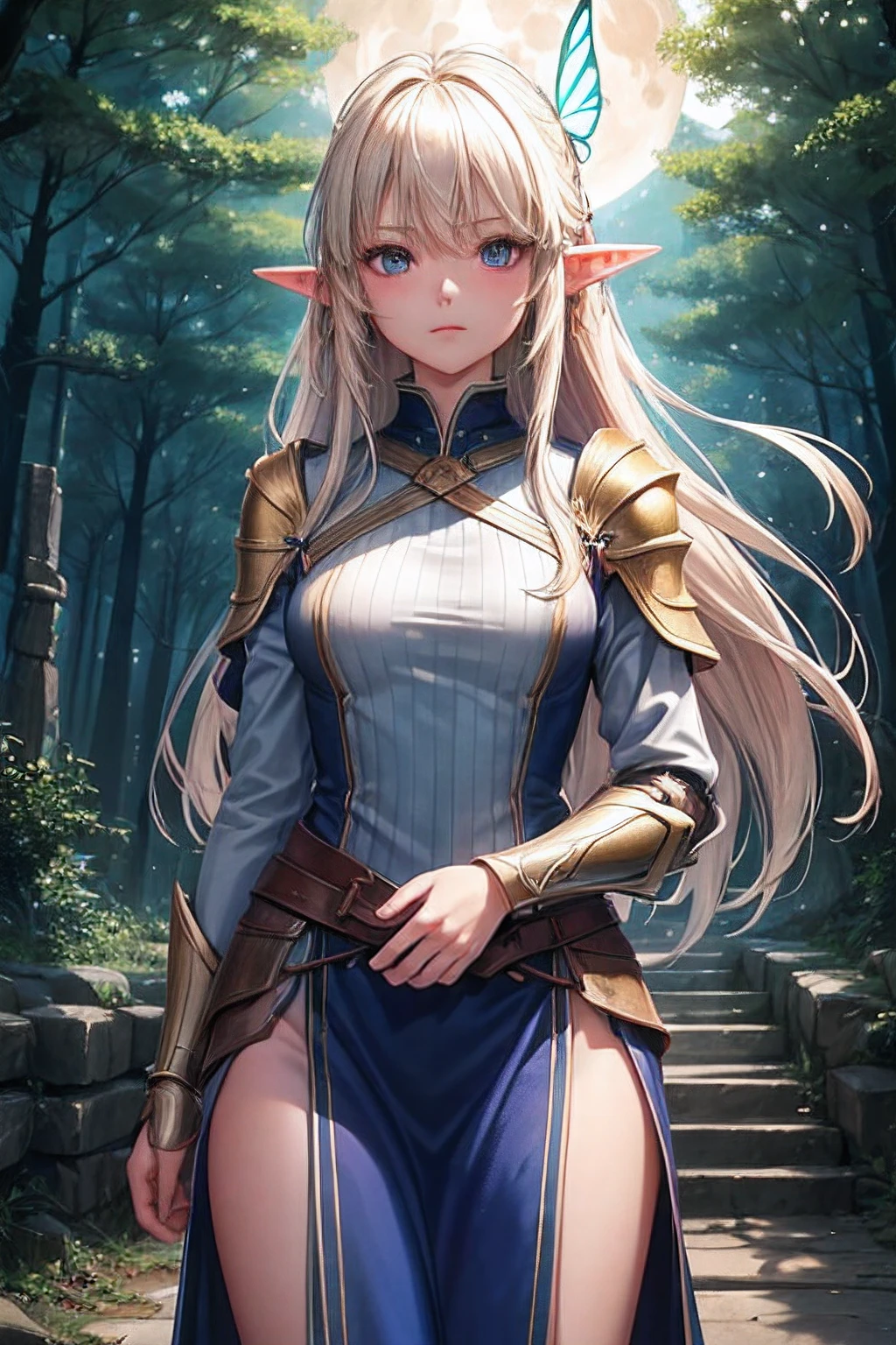 1girl、Cowboy shot of a beautiful elf mage、thin skin、blonde hair blown in the wind、long pointy ears、Simple armored dress、Shortbow in hand、corolla、glowing butterflies、the woods、ruins、a moon、Stereoscopic lighting、top-quality、masterpiece、verd s eyes、radiant eyes、ultra-definition