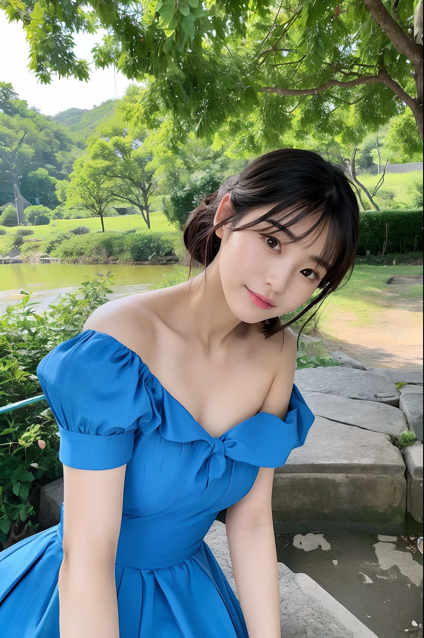 there is a woman posing for a picture in a blue dress, a picture by Ayami Kojima, instagram, shin hanga, 奈良美智, heonhwa choe, lee ji-eun, lee ji - eun, cute korean actress, kimi takemura, jaeyeon nam, girl cute-fine-face