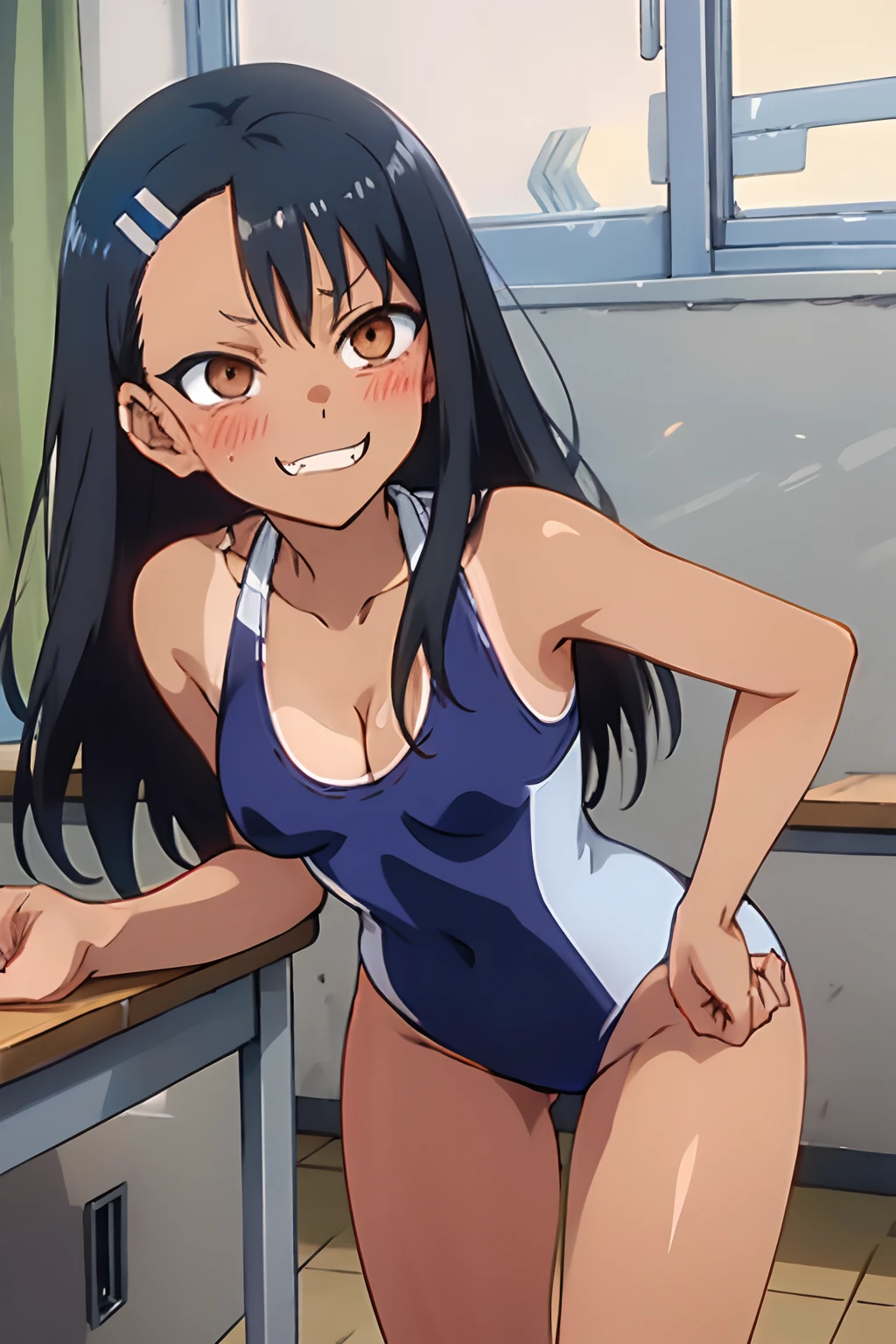 1girl, solo,sitting, small breast, masterpiece, professional artwork, famous artwork, perfect face,nagatoro hayase, brown eyes, hairclip, black hair, cowboy shot, black hair, beautiful face, intense look, ((perfect female body, narrow waist)), background classroom,((tan lines)), looking at viewer, (((blue swimsuit))), standing, close up, ((leaning forward)), cleavage, evil grin, downblouse