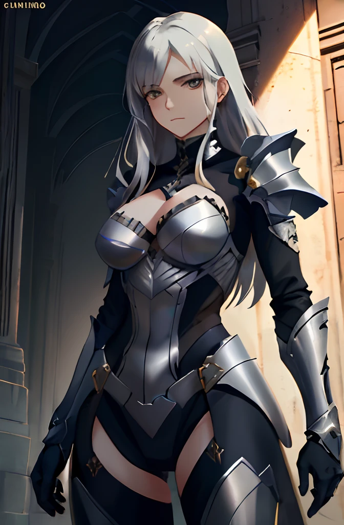 A woman in armor standing on a building, da armadura, pale black armor, Armor Cavaleiro Feminino, cavaleiro feminino, com armadura prateada elegante, armadura impressionante, armadura grossa, de uma bela cavaleiro feminina, armadura bonita, gorgeous female paladin, cushart krenz arte chave feminina, cavaleiro feminino bonito, inspirado por Li Chevalier