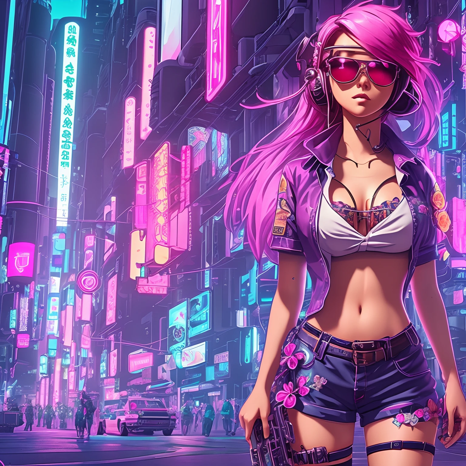 Masterpiece, best quality, (very detailed CG unity 8k wallpaper) (best quality), (best illustration), (best shadows), single female, full body, long pink hair, anime, large breasts, short sleeve button up hawaiian shirt with flowers, jean shorts, cyberpunk, neon, sunglasses, headphones, detailed skin, beautiful face, solo female, neon city, age mid 30's