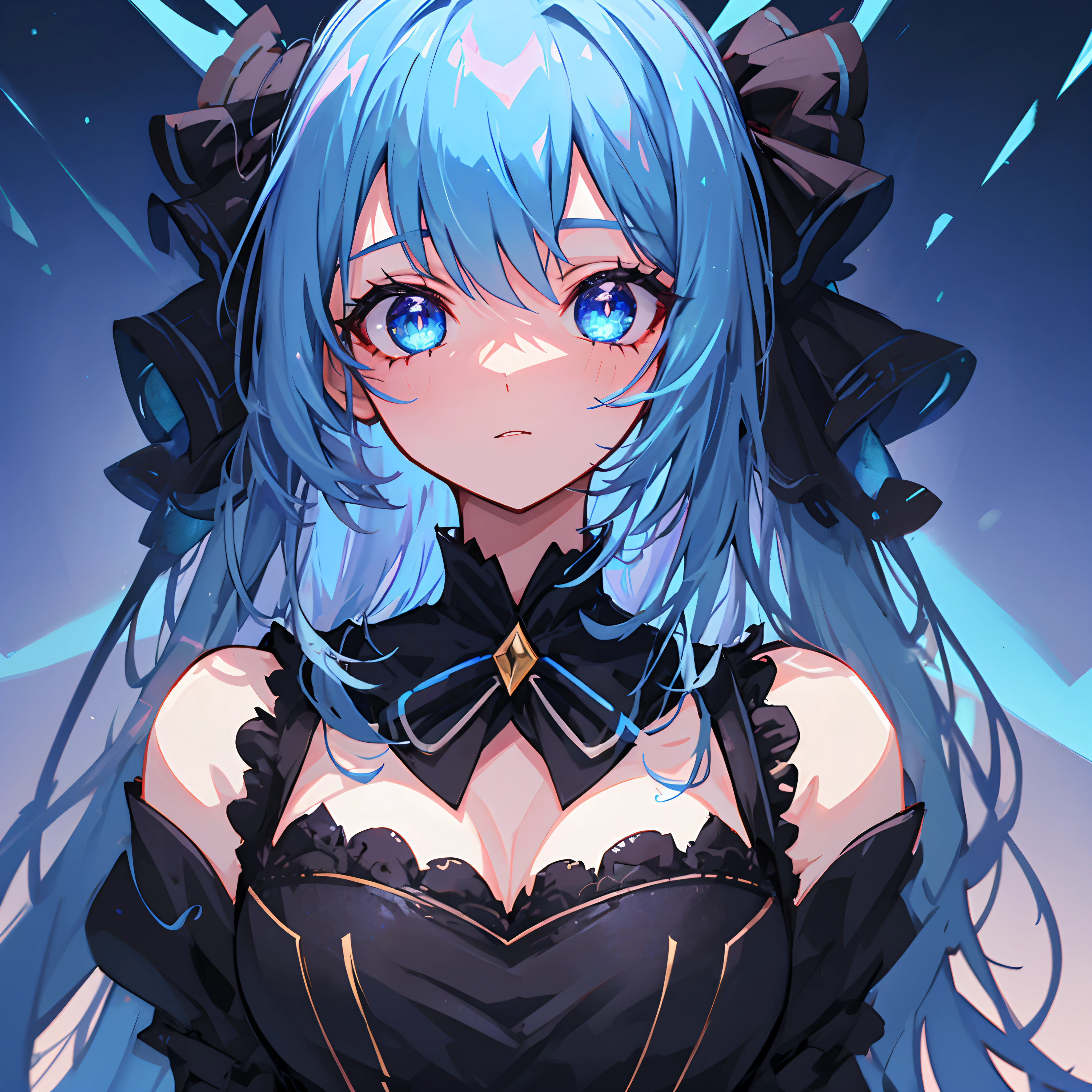 League of Legends character Gwen,League of Legends,Blue starry sky background,Meteor skipping,blue color eyes,Blue scissors phantom in the background,Black ta dress,goth style,goth loliicate facial features like dolls, anime big breast, Guibli, style of anime, closeup cleavage, first person perspective, 8K, super detailing, tmasterpiece,super detailing, high qulity,A high resolution, High detail,blissful,curlies,strong lights,Pupillary details,Symmetrical pupils,Pupil highlight,Sharpening of details,Dazzling light,Background bokeh。