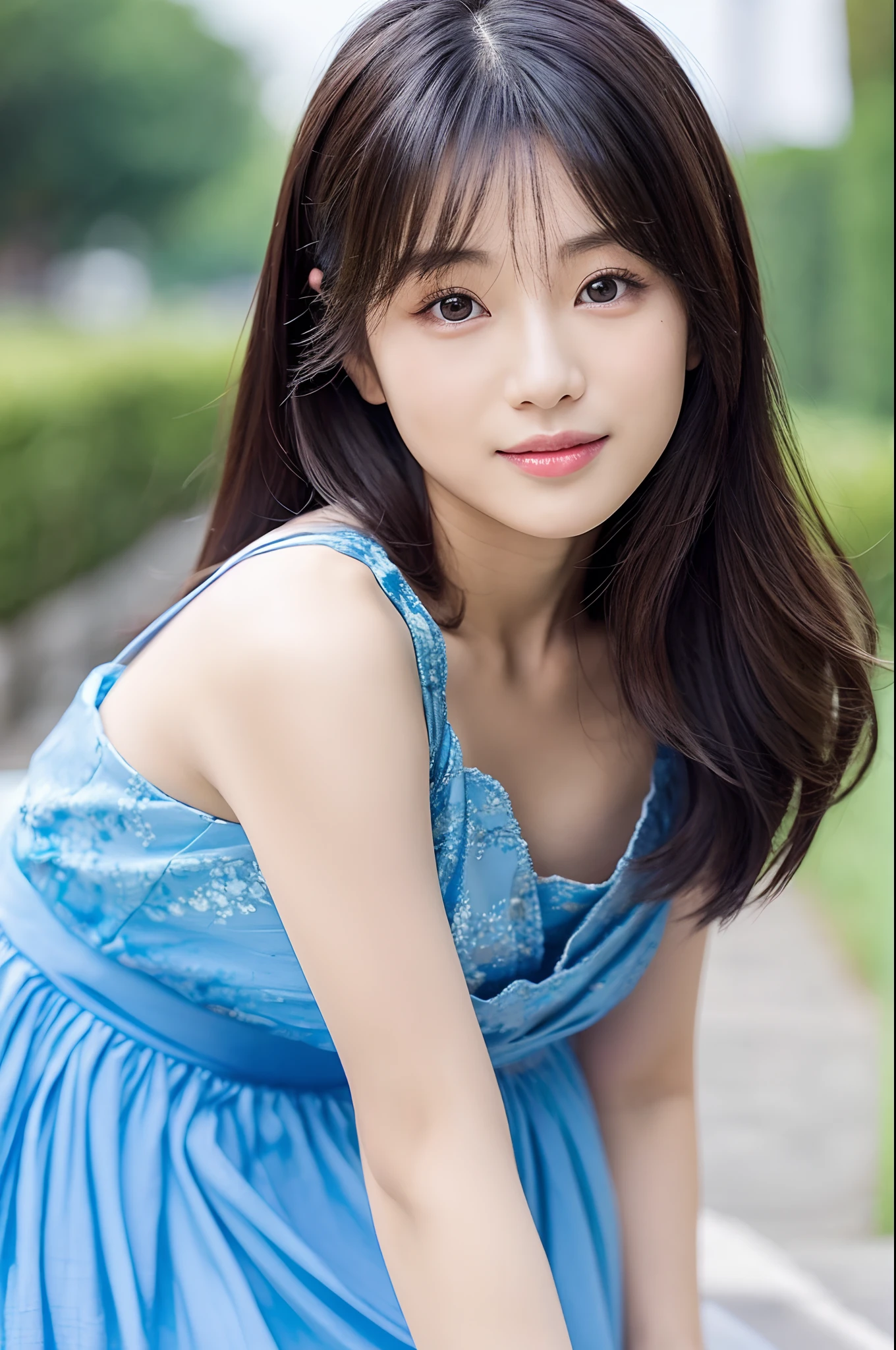 there is a woman posing for a picture in a blue dress, a picture by Ayami Kojima, instagram, shin hanga, 奈良美智, heonhwa choe, lee ji-eun, lee ji - eun, cute korean actress, kimi takemura, jaeyeon nam, girl cute-fine-face