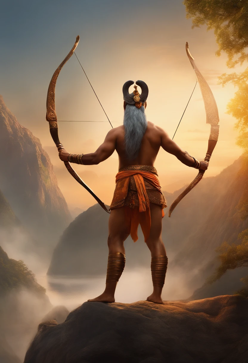 there is a man holding a bow and a bow in the air, hindu myth digital painting, epic scene of Ram , by Valmiki, epic digital art illustration, , Hindu Mythology,Ramayan