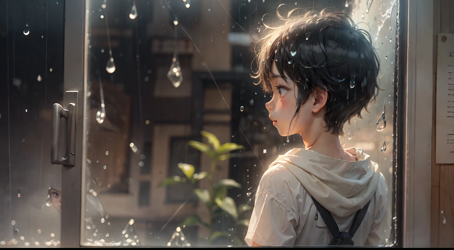 A cute boy with a curious expression, standing near a rain-spattered window, looking outside at a raincloud pouring raindrops.