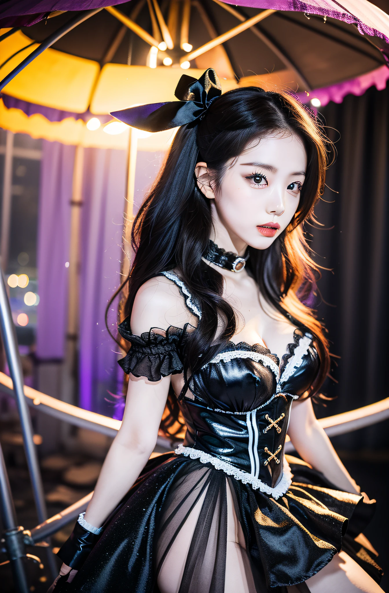 Morning Musume no Eri, Dressed in seductive Halloween costumes, Stand near unforgettable beauty, Abandoned merry-go-round. Background reveals ghostly silhouette, Add a spooky atmosphere. The scene is set at night, Moonlight gives Eli a soft glow, Highlight the intricate details of her beauty and outfit. Medium: Photography, Style: Ultra-realistic with a touch of gothic horror, Lighting: The surface of the moon illuminated by soft shadows, Colors: Dark, Soothing tones with pops of bright colors from Eli's outfit, Composition: captured with a Canon EOS 5D Mark IV DSLR camera, EF 50mm f/1.8 STM lens, Resolution 30.4 megapixels, ISO sensit: 32,000, Shutter speed 8000 second. --ar 16:9 - V5.1 --Style raw --Q 2 --S 750