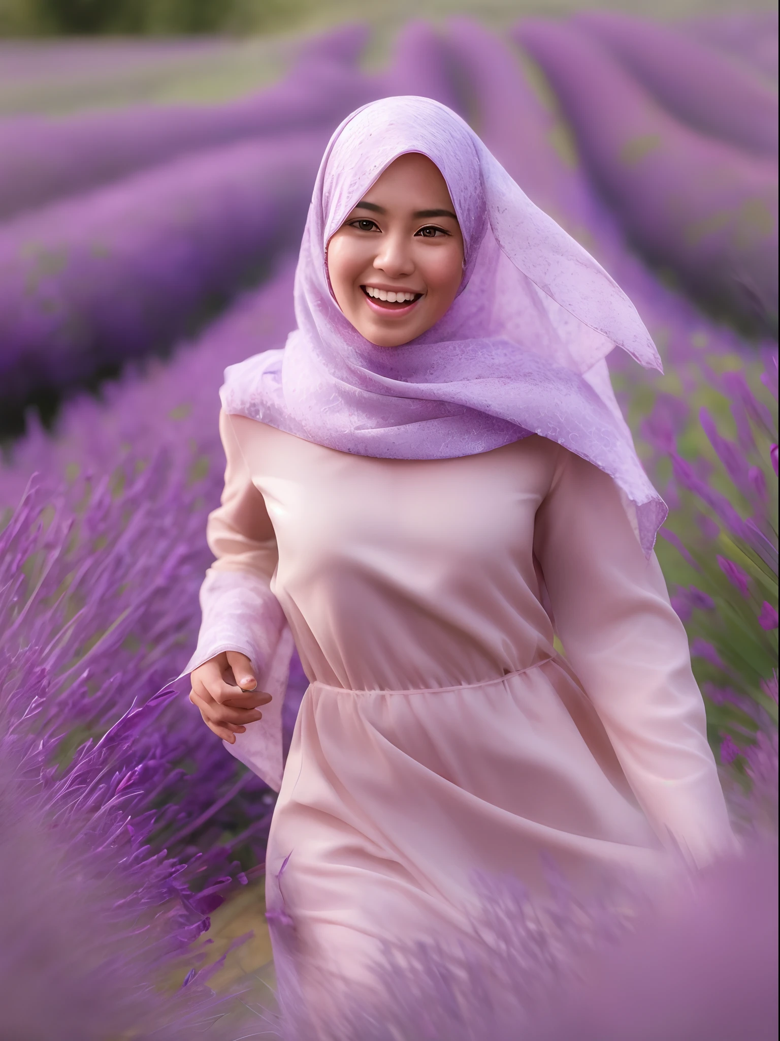 Malay girl in long hijab wear baju kurung, pastel color, running happily in Lavender Fields, Provence – France , windy, blown her hijab, front view, detail skin, detail skin texture, mole below eyes, small breast, wide hips, small waist, thick thigh, slim abs, beautiful body, sunrise, laughing, happy, bright lighting, blur background, bokeh, 4k, ultra detail, high quality photo,