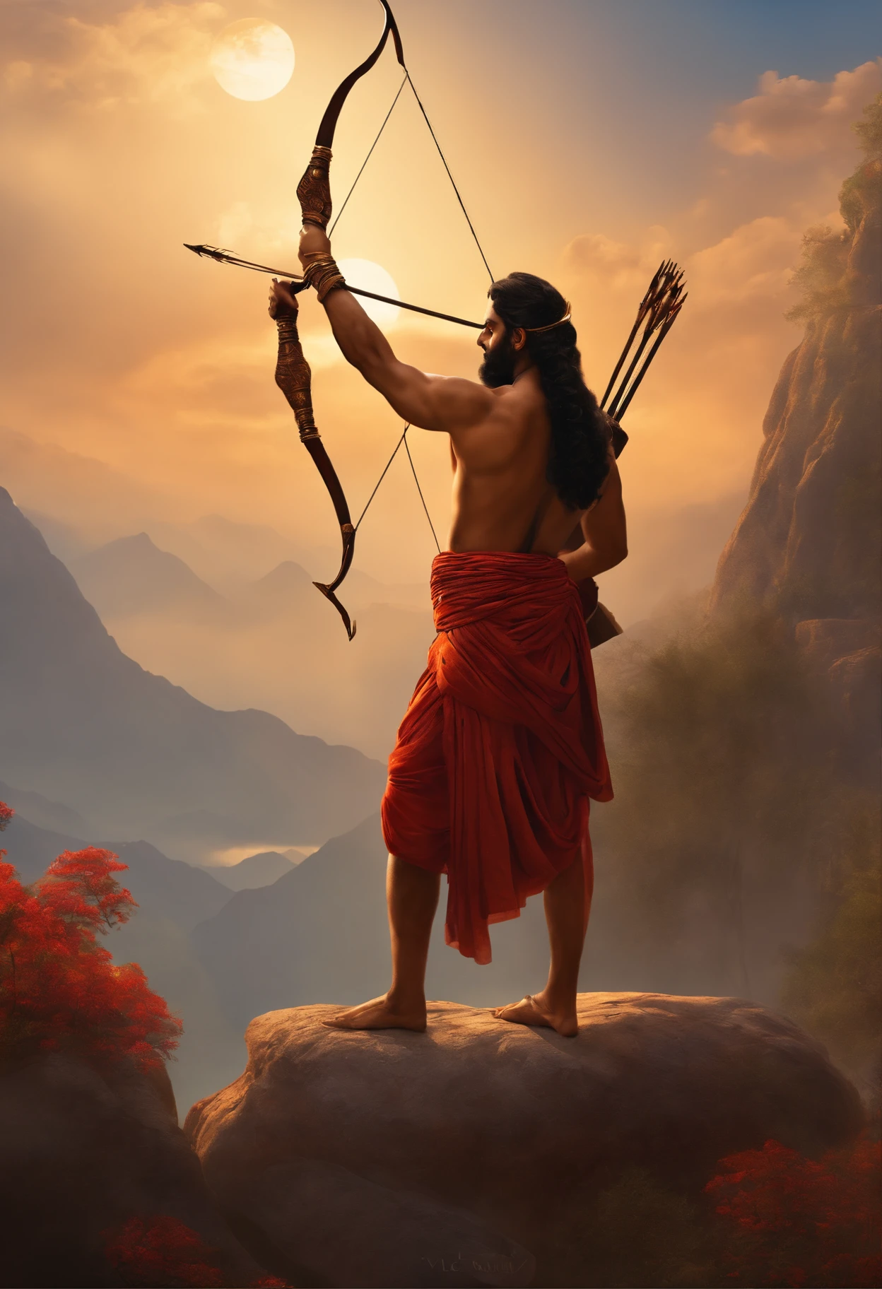 there is a man holding a bow and a bow in the air, hindu myth digital painting, epic scene of Ram , by Valmiki, epic digital art illustration, , Hindu Mythology,Ramayan