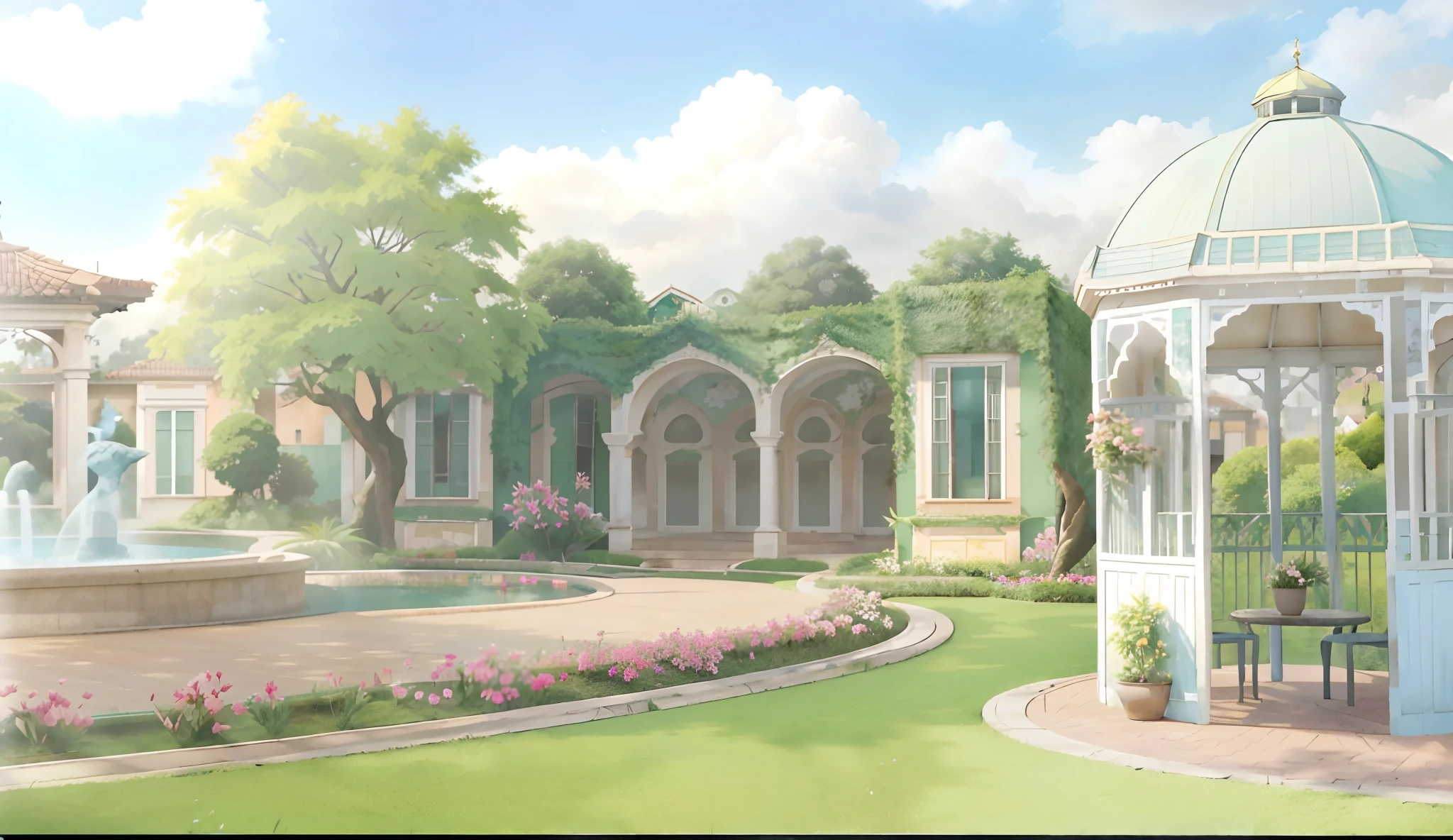 There is a gazebo in the middle of a garden with flowers, Fundo do jardim real, palace background, arte de fundo, arte de fundo do anime, arte de fundo, anime scenery concept art, fundo do parque, random background scene, anime scenery, arte de fundo interior, fundo do jardim, Fundo do centro da cidade, paisagem do jardim real, ballroom background, Atmosfera floral, fundo da casa, beautiful anime scenery
