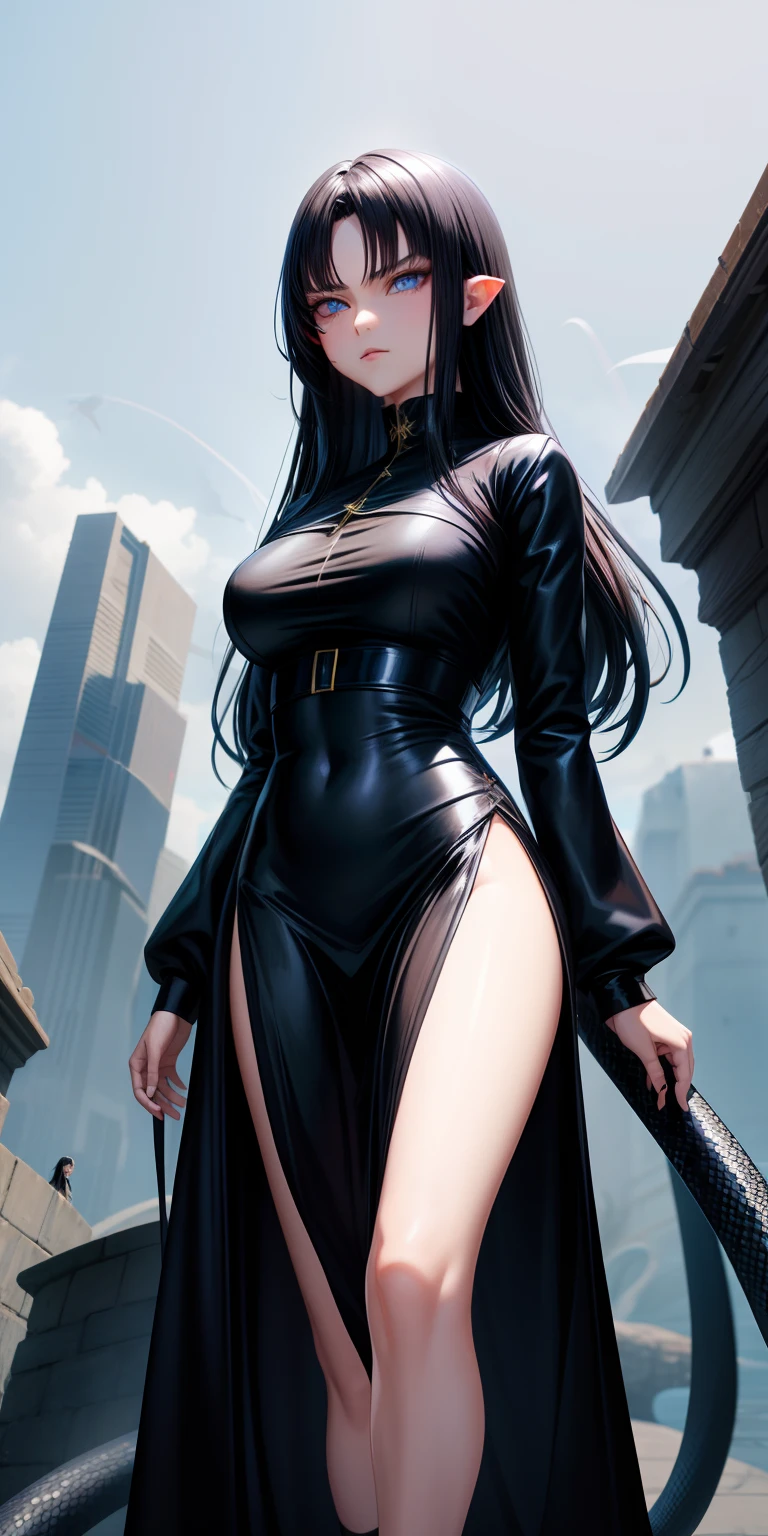Perfect human body modeling, 1 girl, cute girl, pretty face, bitter smile, 12 years old, Beautiful black long hair, beautiful jet black eyes, flat chest, small build, No muscles, white skin, 2B, Nier automate dressing in costume, esp. as a manga character, A devastated world, cities eroded by vegetation