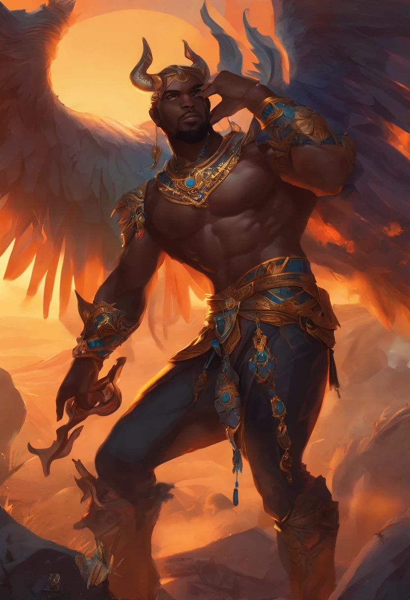 Black Demon Cute Black Man Black Male with Blue and Orange Details, asas grandes, floresta em segundo plano, cores vibrantes, corpo inteiro, Rosto detalhado, detailed hands, pernas detalhadas, dedos detalhados, cabelo detalhado, Olhos detalhados, pele detalhada, Lush Vegetation Blurred Background, cores vibrantes, luz exuberante, luz suave, sunset light, luz suave, symmetric, corpo inteiro, reflexions, HDR dynamic lighting, 8K resolution, cinematic film, liso, foco nítido, Realistic, strobe light beams, ((Fundo desfocado)):1.7, (((profundidade de campo)) ):1.8, cinestill 800t 35mm, alta qualidade, heavy grain, High detail, cinematic composition, dramatic light, Anamorphic, lente ultra wide, hiper-realista mc kevin brasil