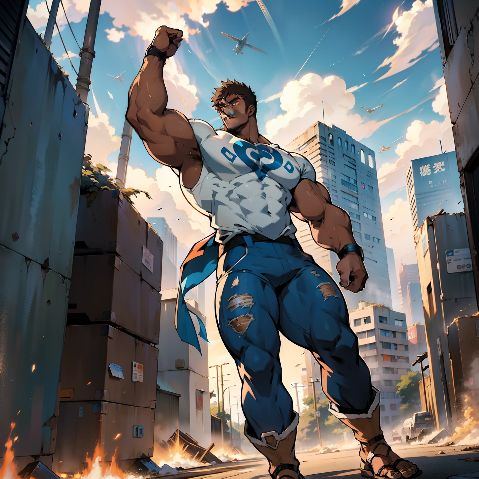 ((Anime style art)), Extremely muscular masculine character, dancer, 40 feet tall giant, brown skin, white tatters rags rags, wind blue, tornado motif, , futuristic city
AS . Main character from the anime, superhero, Nice image, Hard drive, 4k, Main