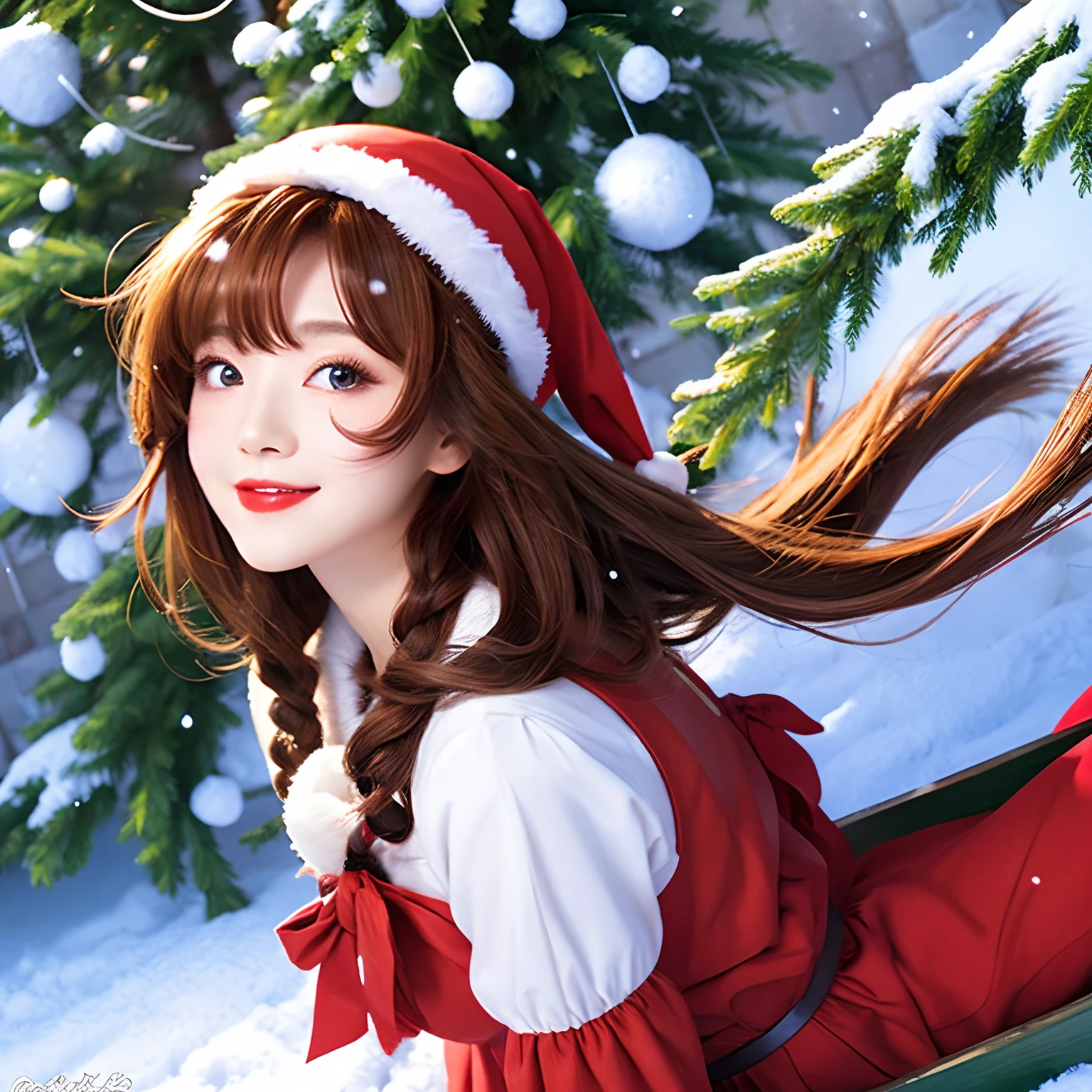 （masuter piece）、（Best Quality:1.0）（超A high resolution:1.0）​masterpiece、top-quality、hight resolution、ultra-detailliert、Hirohiko Araki、Anime Pictures、Game Images、Pixel art、1 beautiful woman、kawaii、Beautiful fece、The upper part of the body、big eye、Red Eyes、Looking at this、The best smile、Thicker lips、red lipsticks、Big eyes、Red hair、Okabo hairstyle、Wearing Santa Claus clothes、Have a gift、It's snowing、Riding a sled、snowman、Fir tree