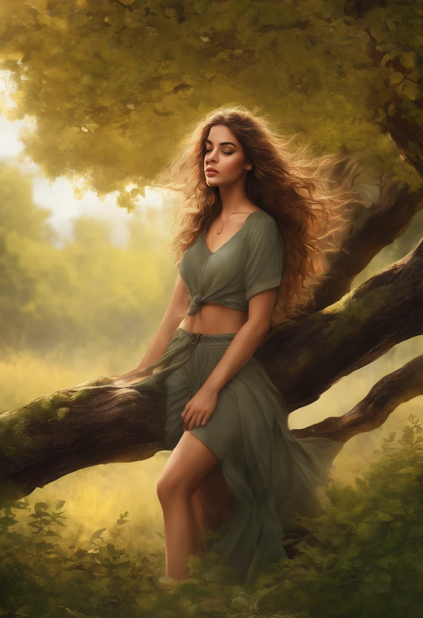mulher, adolescente, estilo anime, peitos enormes, Hair hitting the floor, cabelo enorme, cabelo ondulado, castanho claro com pontas castanho mel, hair messy, Hair with tree branches, saindo um esquilo do cabelo, pele branca bronzeada, olhos castanhos claros, jaqueta marrom suja, camiseta vermelha rasgada um pouco suja, ripped jeans and a little dirty, botas marrons um pouco suja