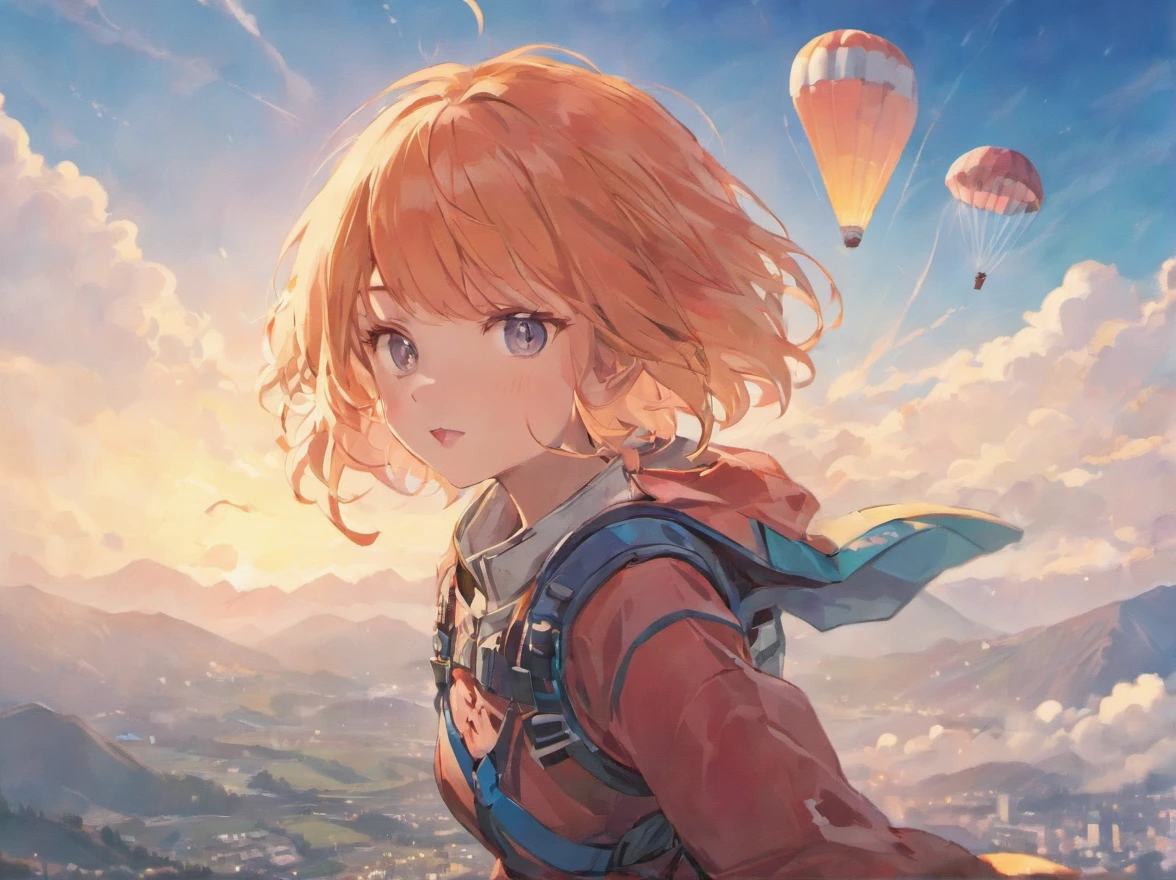 upper sky,Paragliding,Listen to Coke,protective goggles,closeup of face,Big wind,ricefield,with blue sky and white clouds,shelmet,Drink drinks