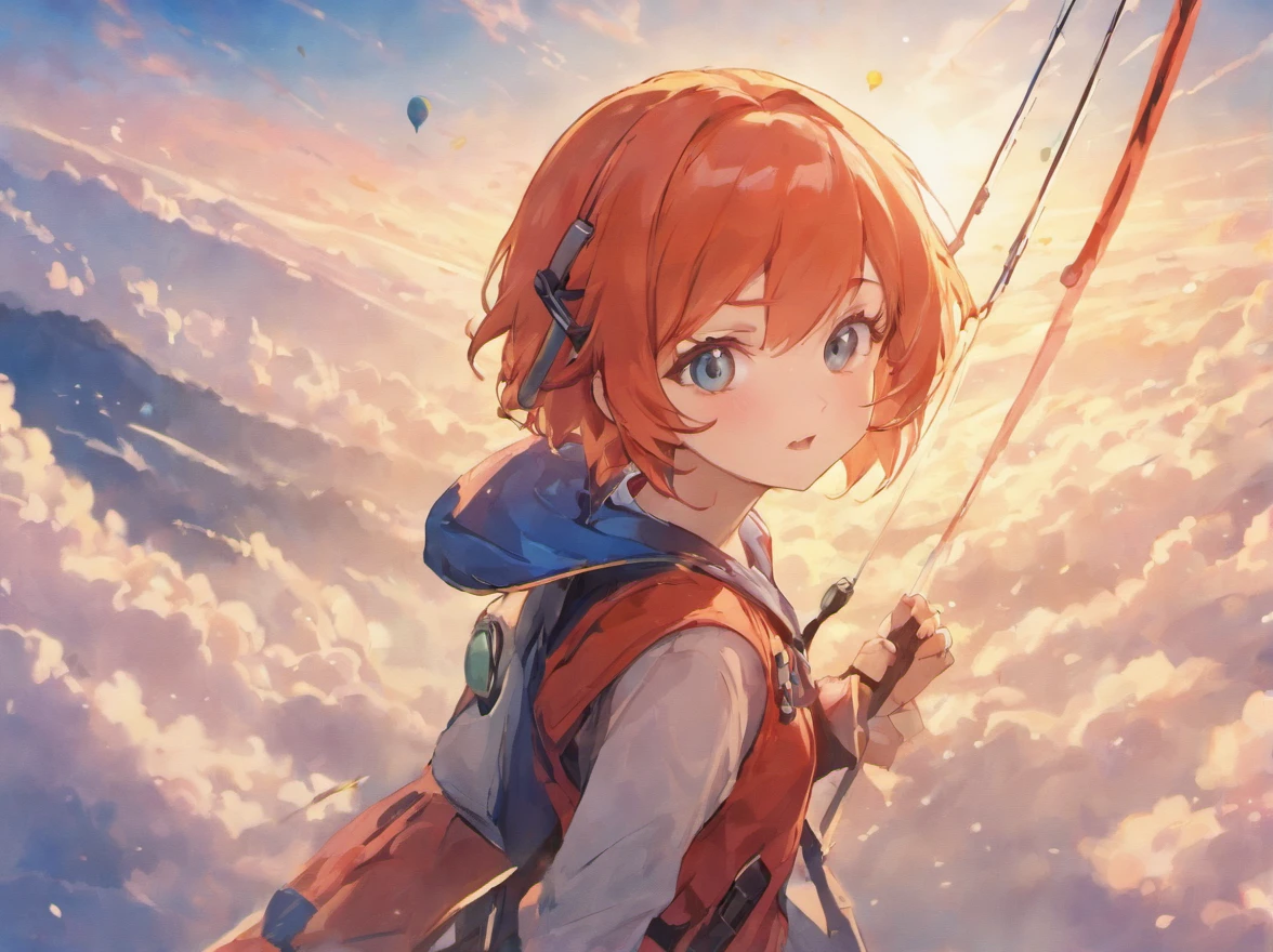 upper sky,Paragliding,Listen to Coke,protective goggles,closeup of face,Big wind,ricefield,with blue sky and white clouds,shelmet,Drink drinks