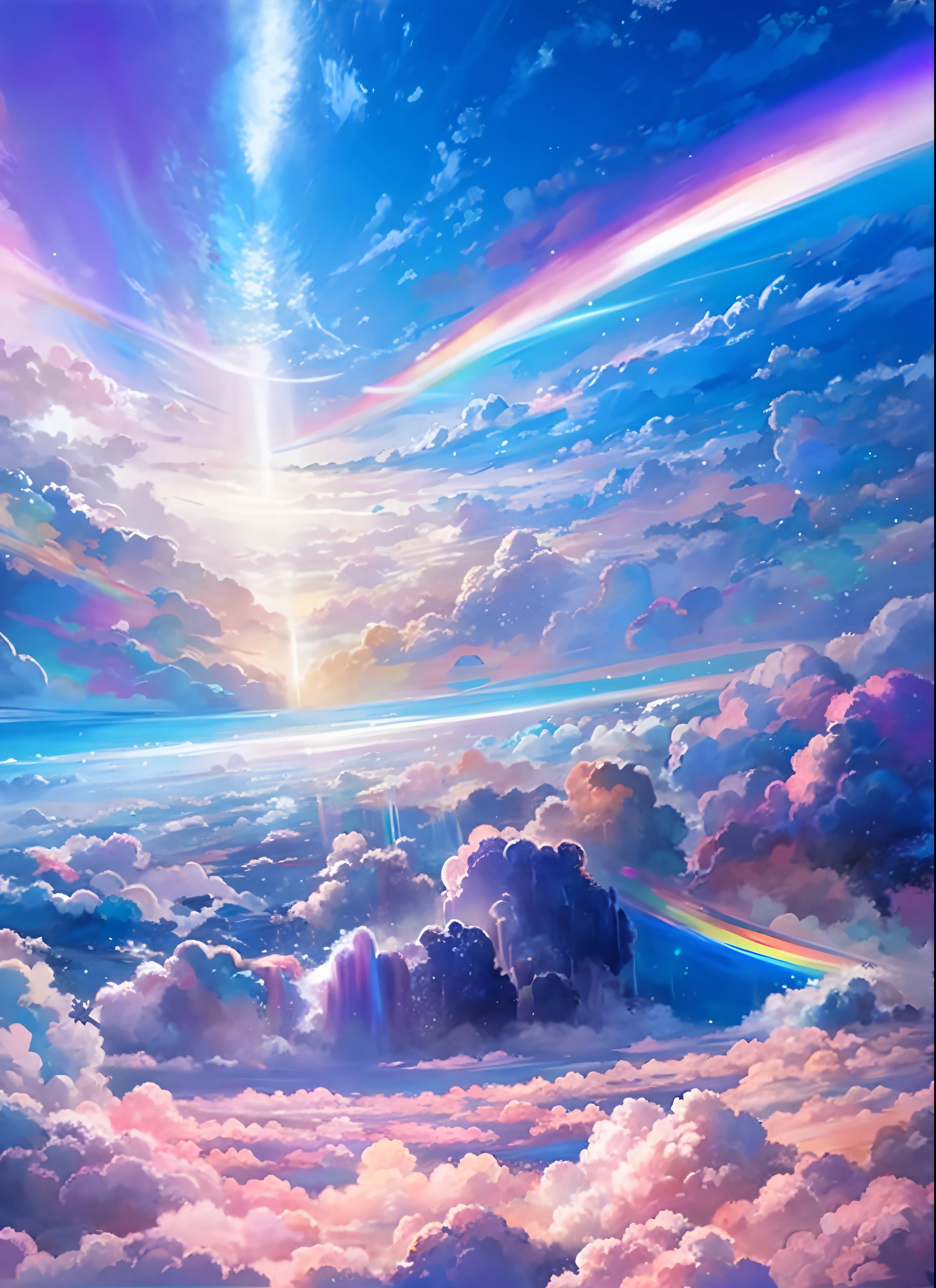 A painting of a rainbow-colored sky with clouds and rainbows, very colorful heavenly, ethereal rainbow nimbus, bright rainbow nimbus, iridescent clouds, heavenly colors, on cosmic cloudscape, sunny rainbow galaxy stormy sea, Rainbow clouds, ethereal rainbows, iridescent clouds, sitting on the cosmic cloudscape, heaven planet in background, Iridescent sky, Heavenly atmosphere