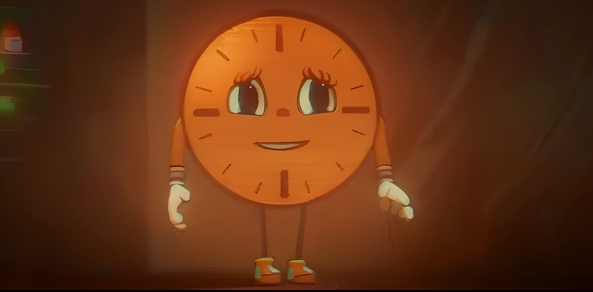 a close up of a cartoon clock with a face and hands, movie clockwerk orange, lucy the god of time, clockface, gumball watterson, madeline from celeste, animation still screencap, a character based on a haggis, animation character, the amazing world of gumball, orange halo around her head, depicted as a pixar character, animation film still
