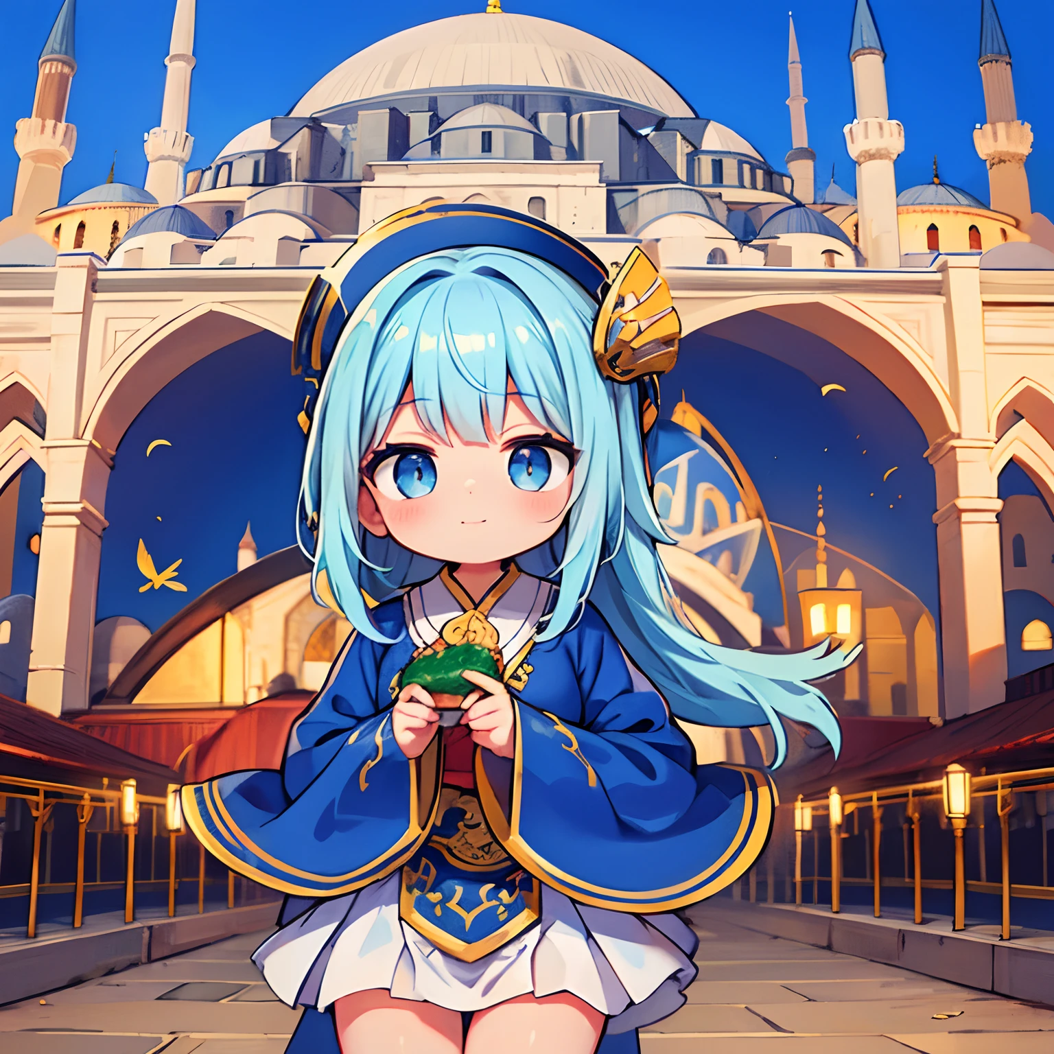 Turkey Travel、Blue mosque、Girl eating kebabs、happily face、Turkish national costume、Brown skin、​masterpiece、top-quality、Top image quality