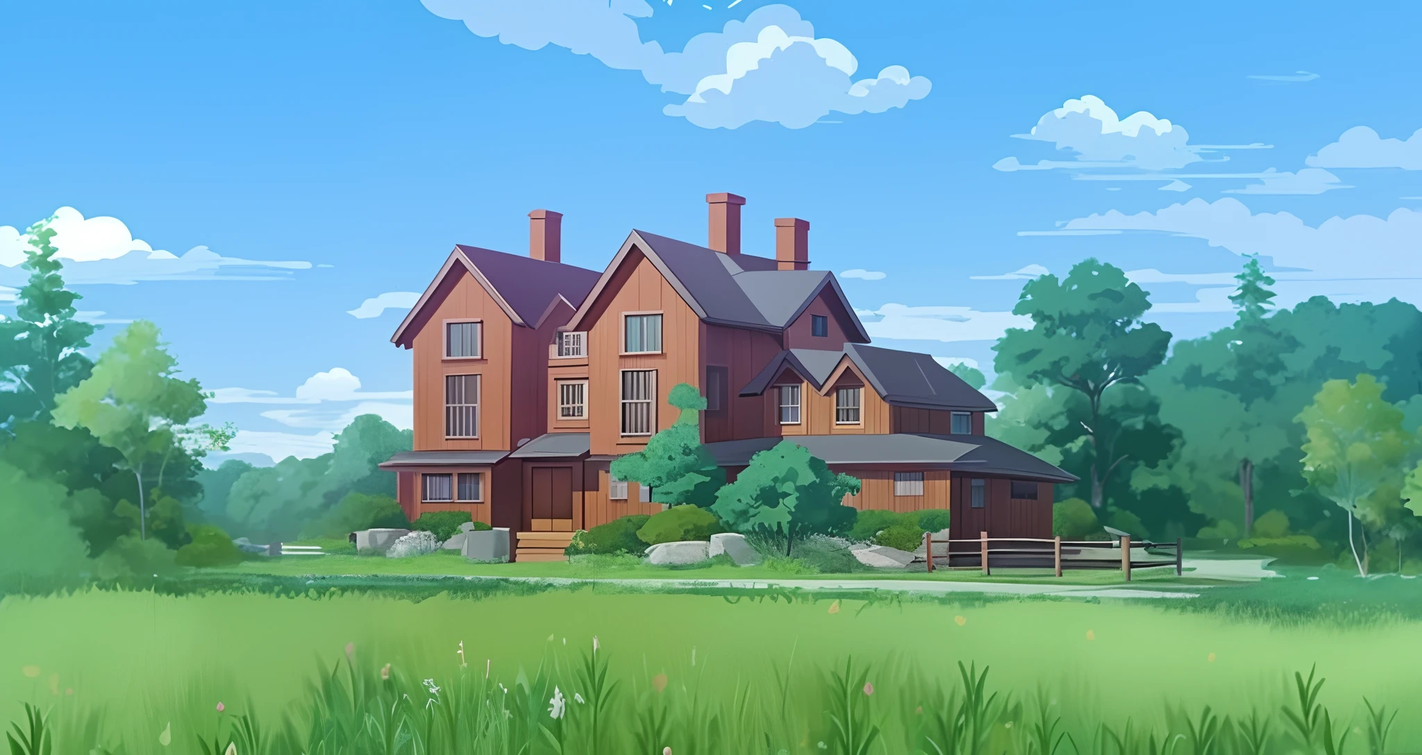 casa anime no meio de um campo com uma cerca, fundo da casa, arte de fundo do anime, paisagem campestre anime, Arte de fundo, Fundo da cidade, random background scene, anime scenery concept art, algumas casas ao fundo, style of madhouse studio anime, peaceful wooden mansion, pintado em anime painter studio, Fundo do anime, arte de fundo, feito com anime painter studio, residential area